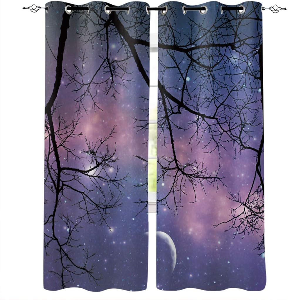 Libaoge Draperies & Curtains Dreamlike Curtain Panel Pair, Starry Sky White Moon with Branch Silhouette Window Curtains for Solding Glass Door - Set of 2 Panels, 80" W by 84" L