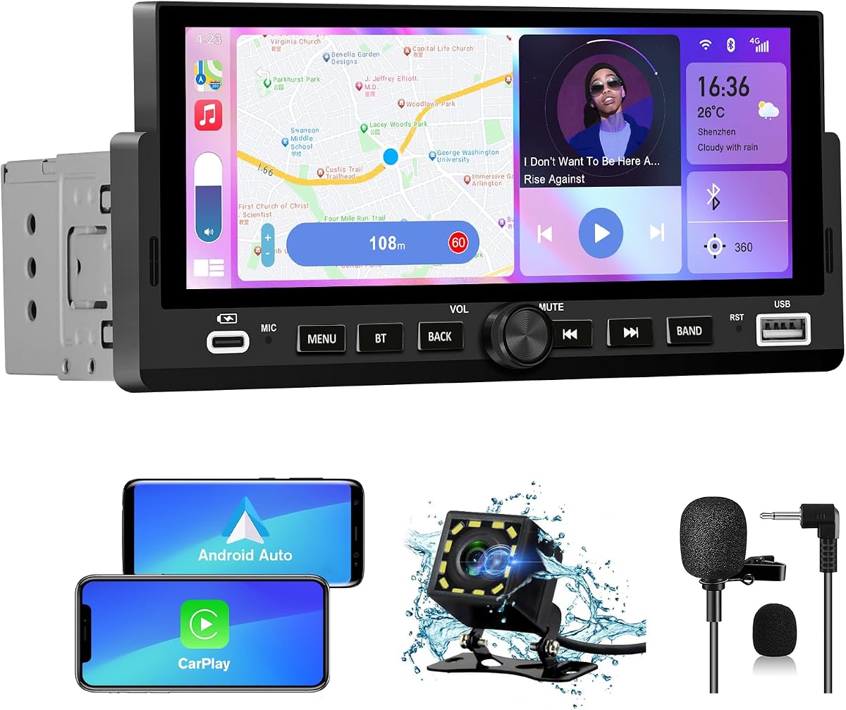 Single Din Car Stereo, 6.86 Inch CarPlay & Android Auto HD IPS Touchscreen Radio with Bluetooth with Backup Camera, Support USB Type-C Charging/USB/Mirror Link/Microphone/FM/EQ (B) (6.86 in)
