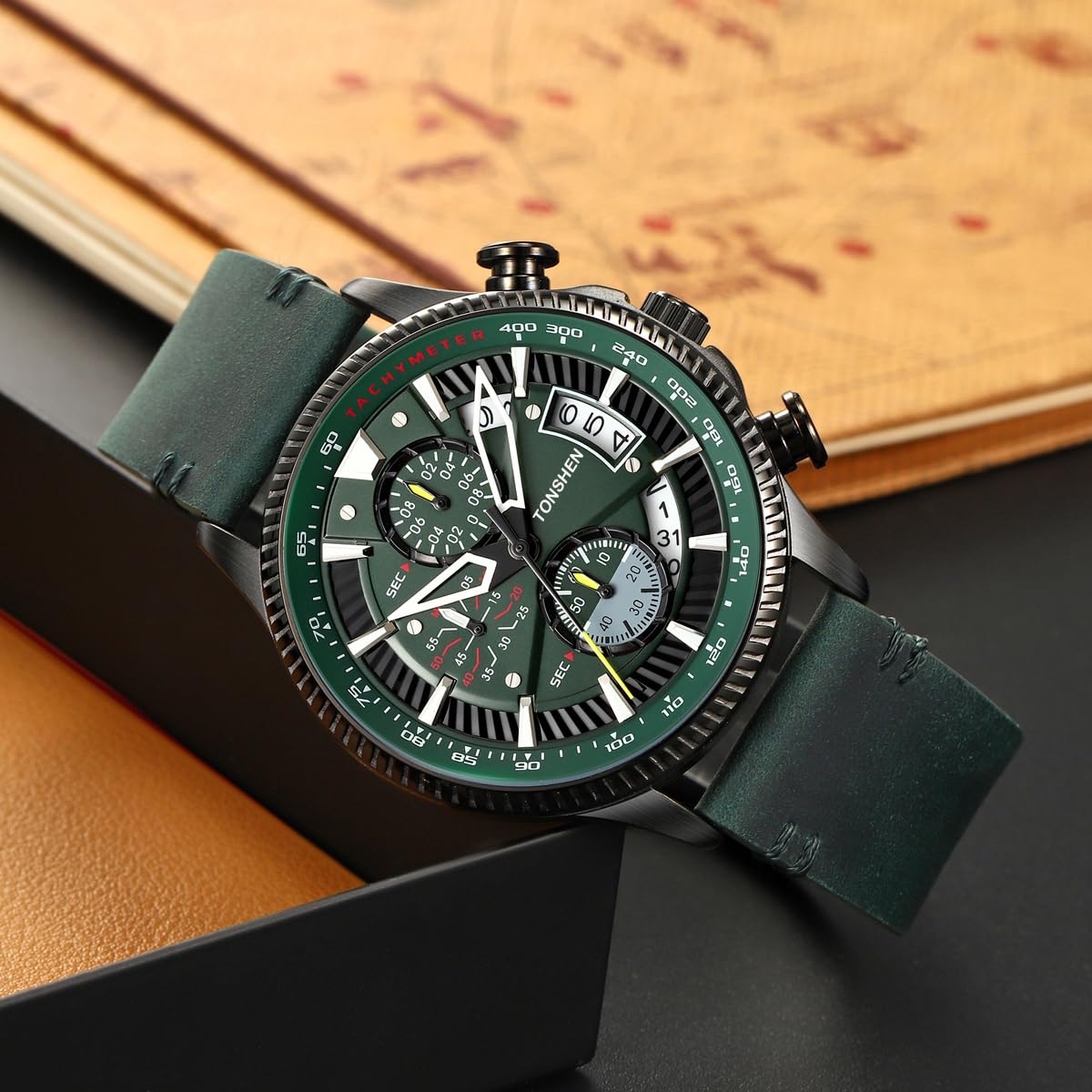 TONSHEN Relojes de Hombre Casual Analógico Cuarzo Acero Inoxidable Caja y Piel Correa Deportivo Cronómetro Calendario Reloj de Pulsera