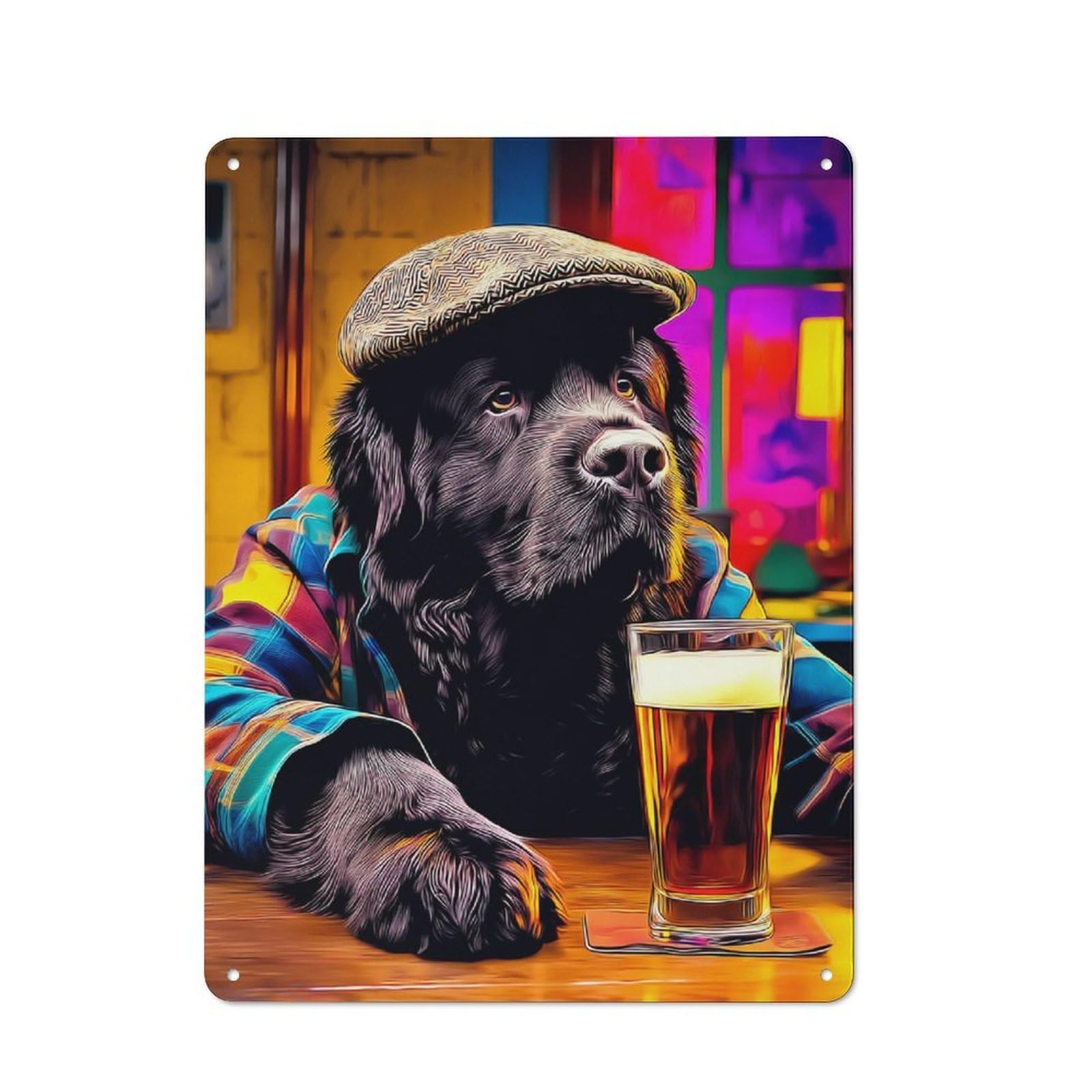 Junmoney Dog In Hat With Beer -5 Retro-Style Metal Sign 40X30cm For Garage Or Workshop, A Moving-Home Gift For Collectors Of Tin Signs