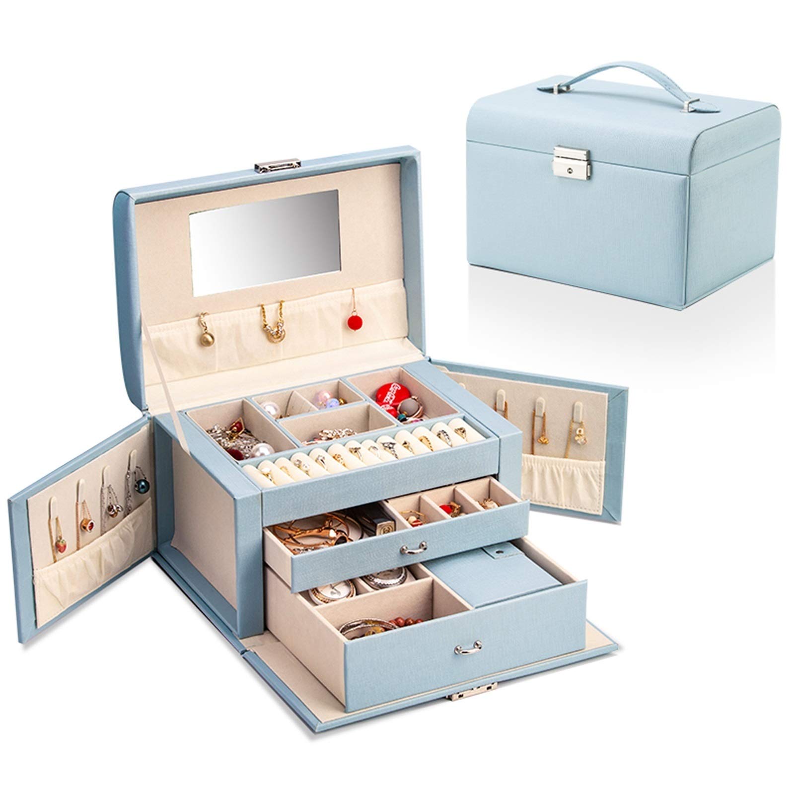 HDBCYUAZ Jewelry Box Faux Leather Organizer for Ring Necklace Earring Brooch Vintage Gift for Women,Cross Pattern(Blue,M)