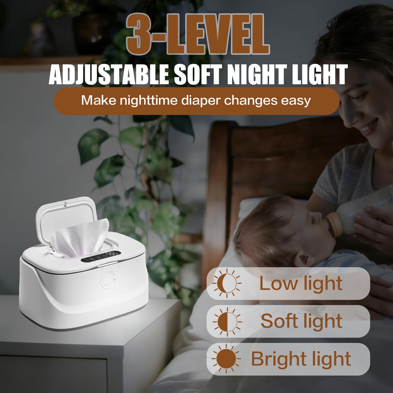Baby-Feuchttuchwärmer, 3 Heizstufen & Nachtlicht, USB-C Baby Feuchttücher Heatsbox Schnell Erwärmender Feuchttücher Wärmer, Tragbarer Wipes Heizbox für Auto, Babyzimmer, Reisen (22×14×11 cm)