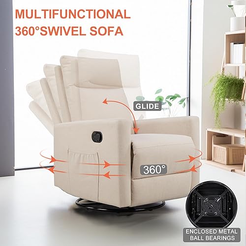 Miniatura 4 de Sweetcrispy Mecedora giratoria, sillón reclinable deslizante, silla de guardería con reposapiés extra grande para sala de estar, respaldo alto,