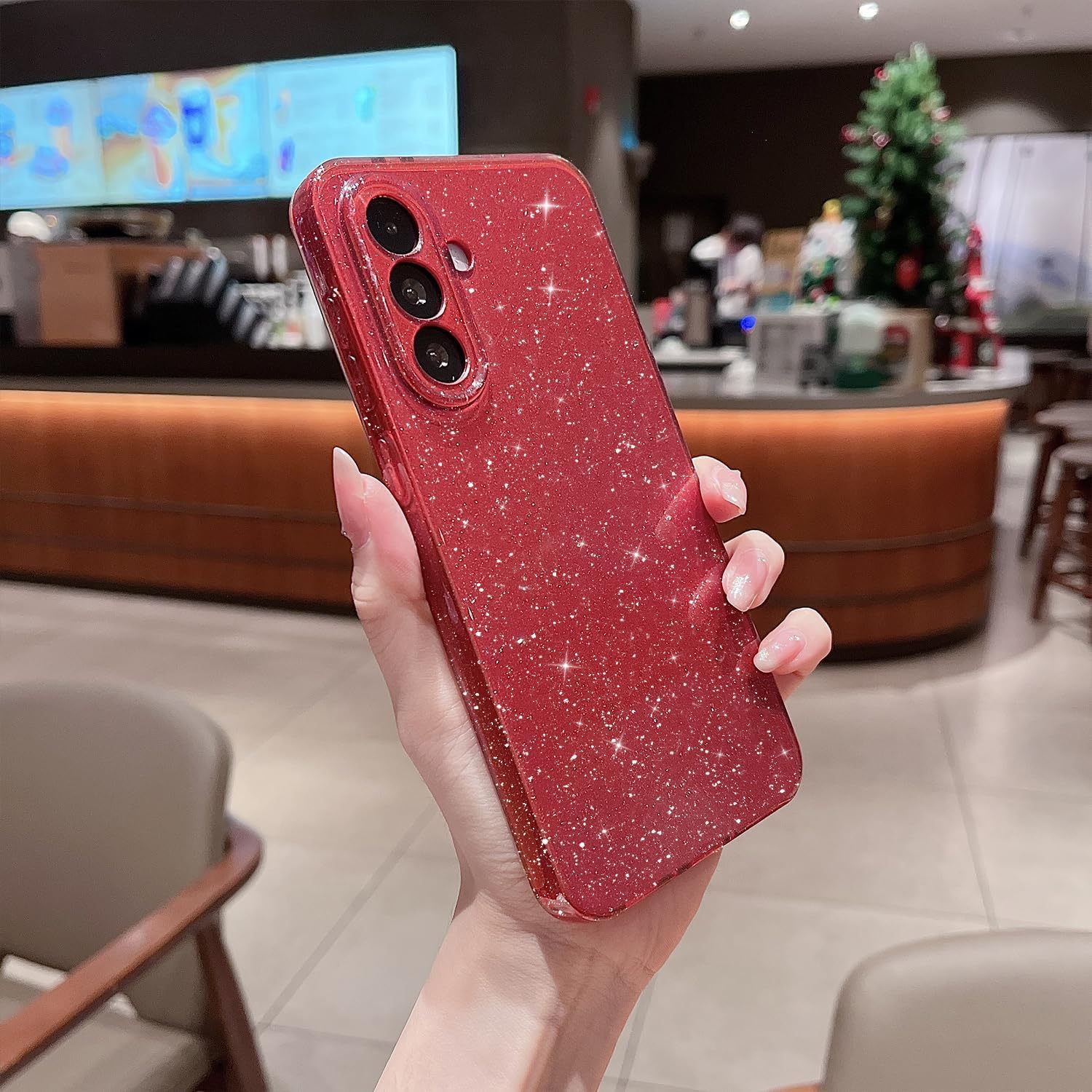 MINSCOSE for Samsung Galaxy A27 5G Case,Cute Neon Glitter Bling Sparkly Glossy Case Thin Slim Shockproof Silicone Cover for Women Girls for A27-Wine Red image 3