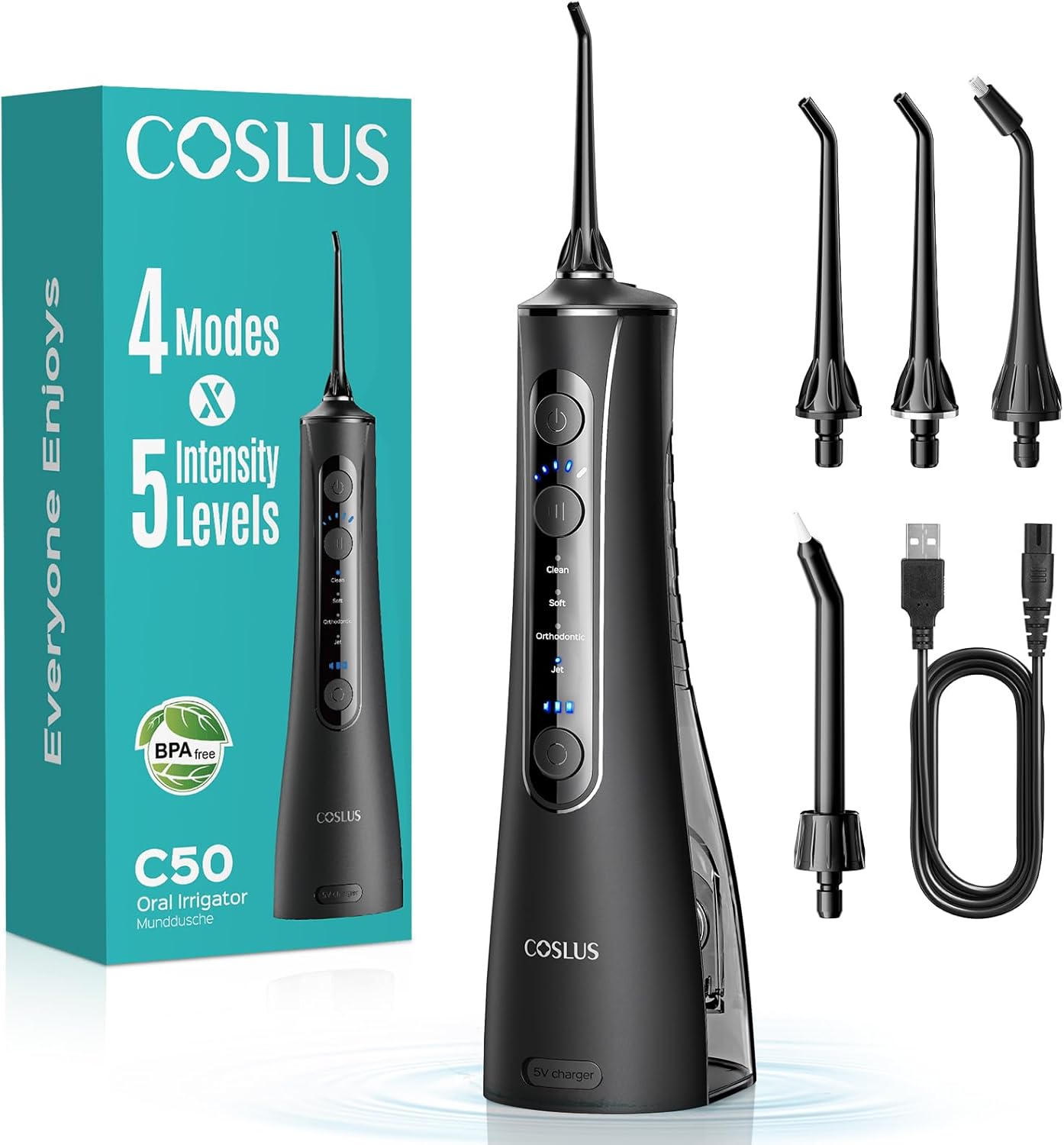 COSLUS C50 Portable Water Flosser for Teeth: 4 Modes & 5 Intensity Levels Professional Electric Dental Pick for Sensitive Gums, Braces & Orthodontic – Cordless for Travel Use, for Adults, BPA-Free