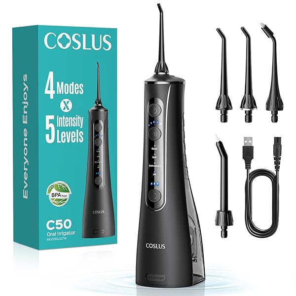 COSLUS Portable Water Flosser for Teeth: 4 Modes & 5 Intensity Levels Professional Electric Dental Pick for Sensitive Gums, Braces & Orthodontic - Cordless for Travel Use, for Adults, BPA-Free, Black