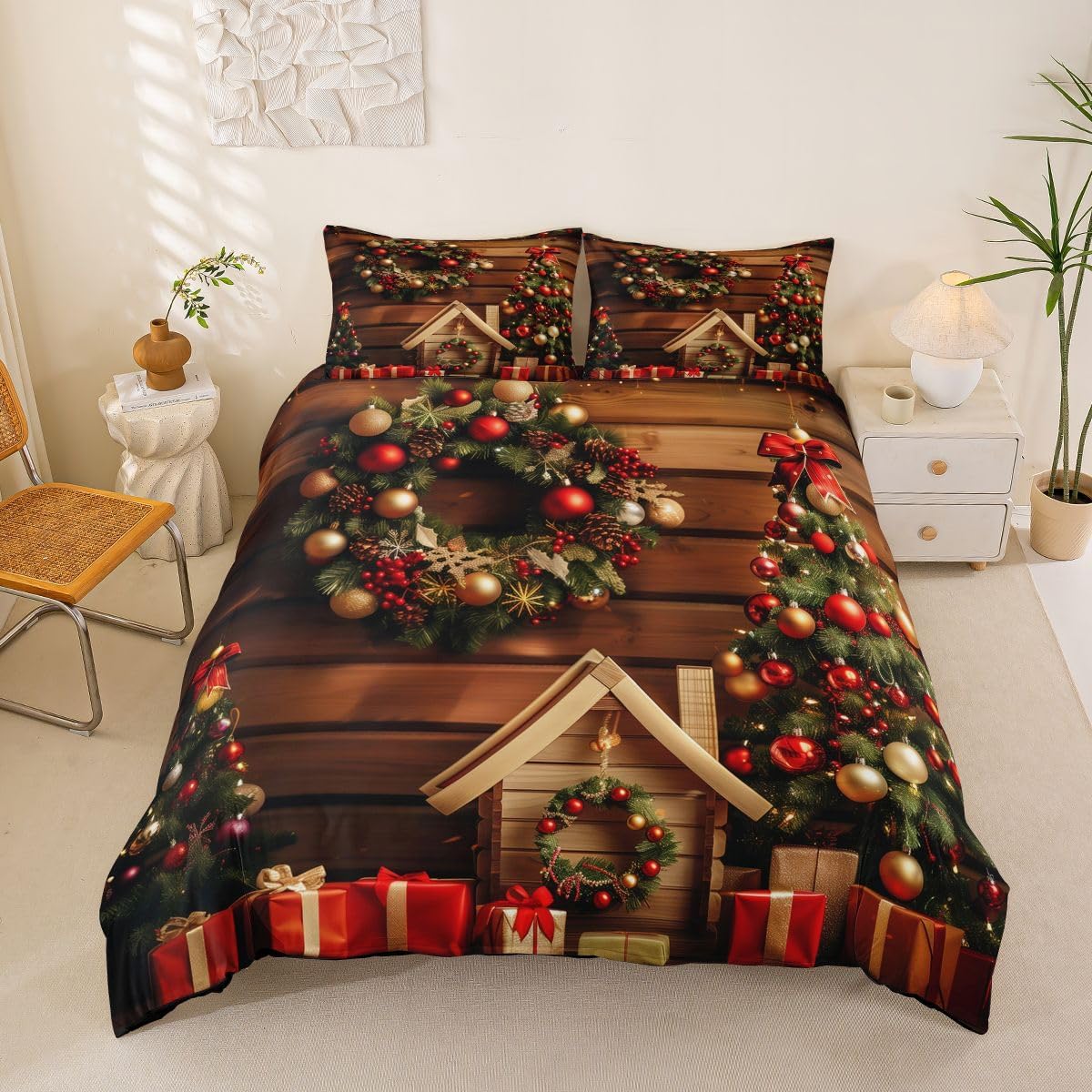 Erosebridal Christmas Xmas Tree Duvet Cover Queen Size Red Present Box Bedding Set for Adults Teens Women Christmas Wreath Ball Red Bow Comforter Cover Mini Wooden Cabin Bedclothes Room Decor