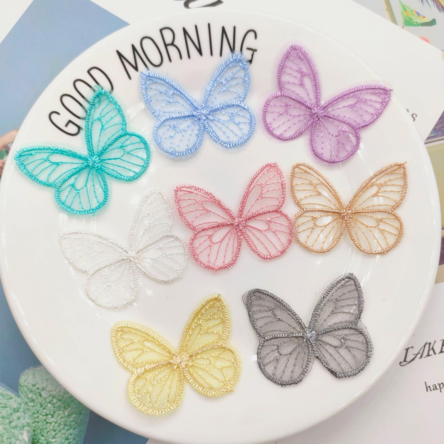 50 Pack Butterfly Lace Trim Organza 1.8'' Embroidered Patches Appliques Fabric Butterflies for Clothes Sewing Supplies DIY Hair Clip Clothing Wedding Bridal Dress Decor Craft Party Multi Colors