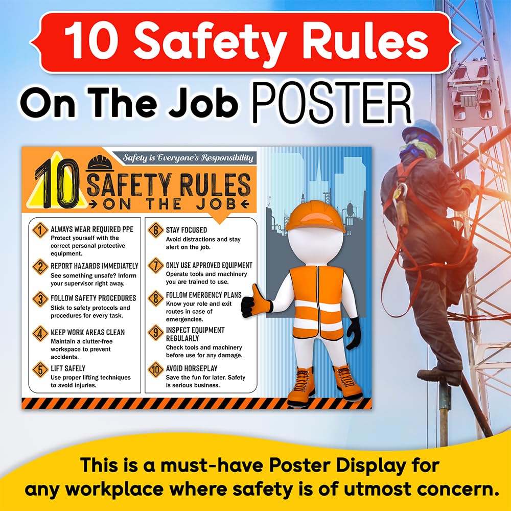 Poster "10 Safety Rules on the Job" Version 2025 - 45,7 x 61 cm, langlebiges laminiertes Sicherheitsschild, reißfest, wasserdicht, Arbeitsplatzsicherheitsposter für Industrie und Baueinstellungen (5