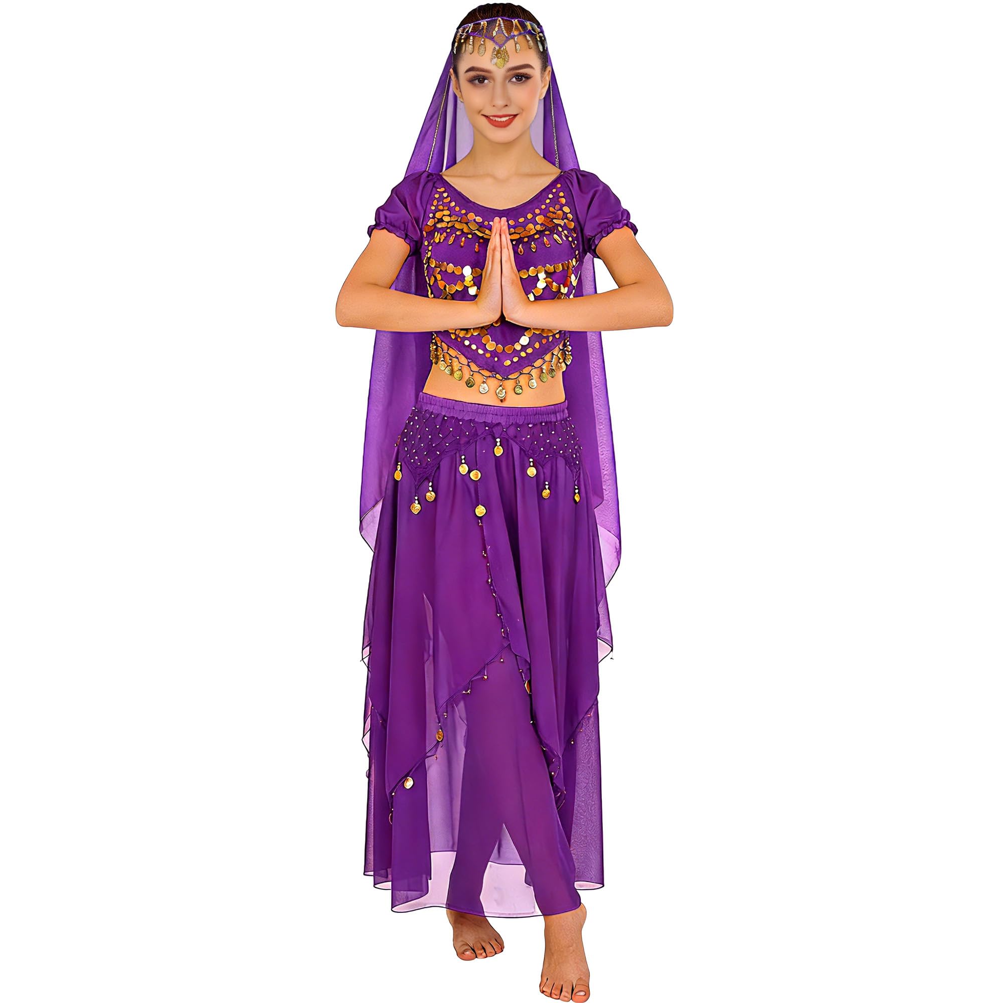 MUNAFIE Belly Dance Tops Coins Skirts Suits Women Girls Bollywood Carnival Arabian Dancing Performance Outfits Purple