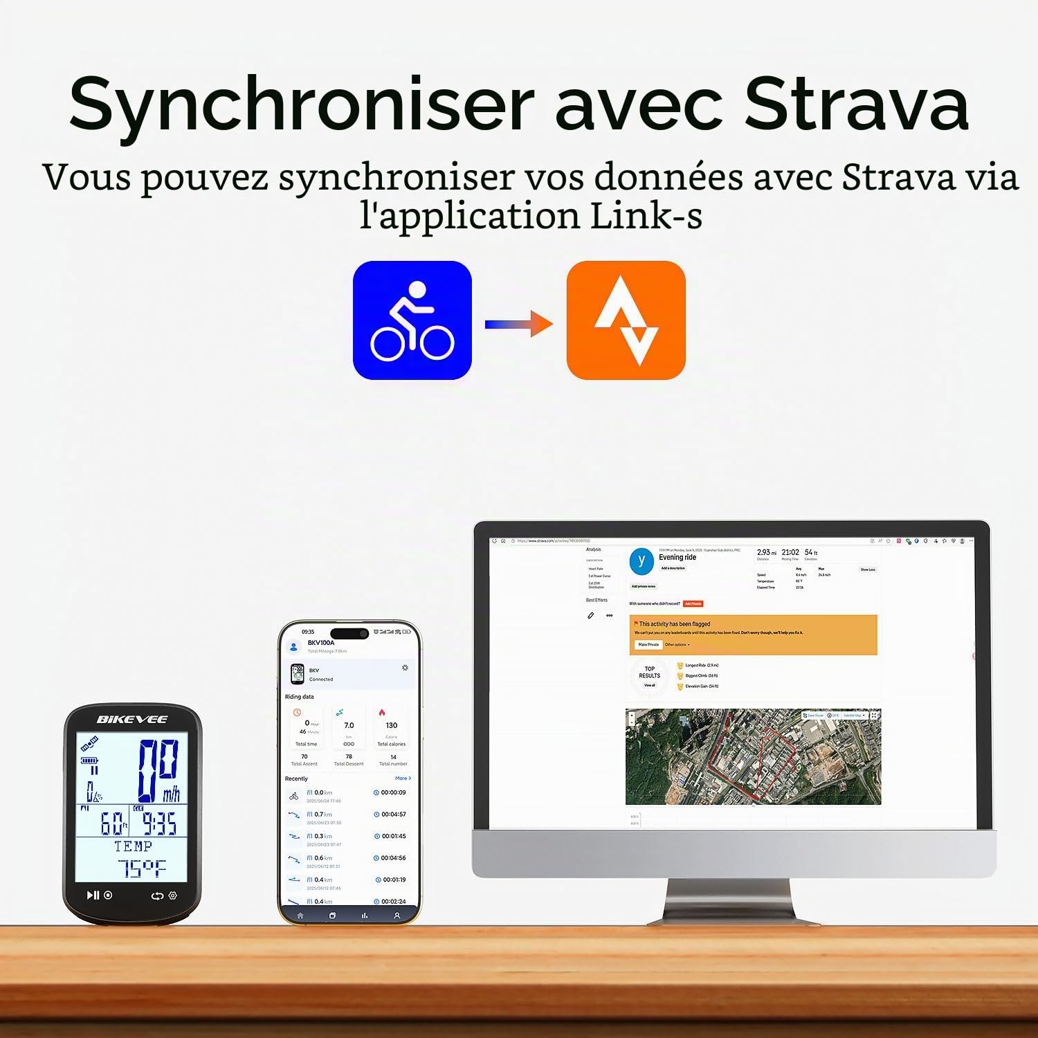 Ordinateur de vélo GPS sans fil ANT+ Bluetooth 2,6" Écran en verre Batterie 50H