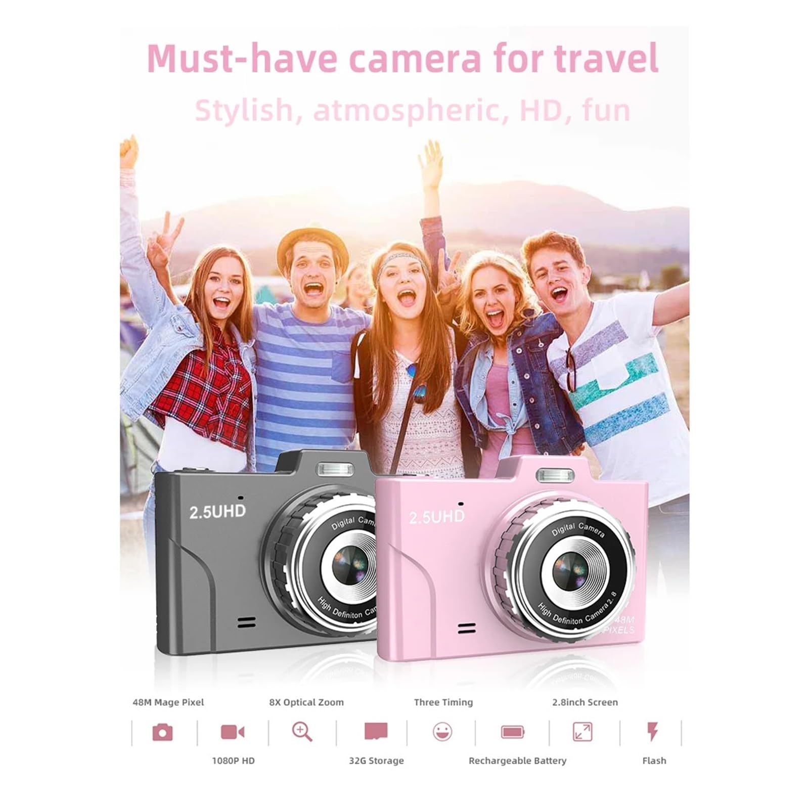 Kompaktowy Aparat Dla Dzieci 1080P 48 MP Z Dwoma Obiektywami 8 × Zoom Optyczny Mini Kamera CCD 2,8-calowy Ekran TFT(Pink)