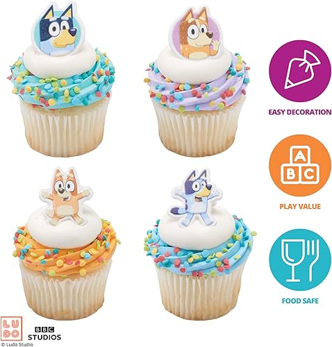 Miniatura 3 de DecoPac Bluey So Much Fun Anillos, 24 decoraciones para cupcakes con Bluey, Bingo, Bandit y Chilli, 3D seguros para alimentos, paquete de 24