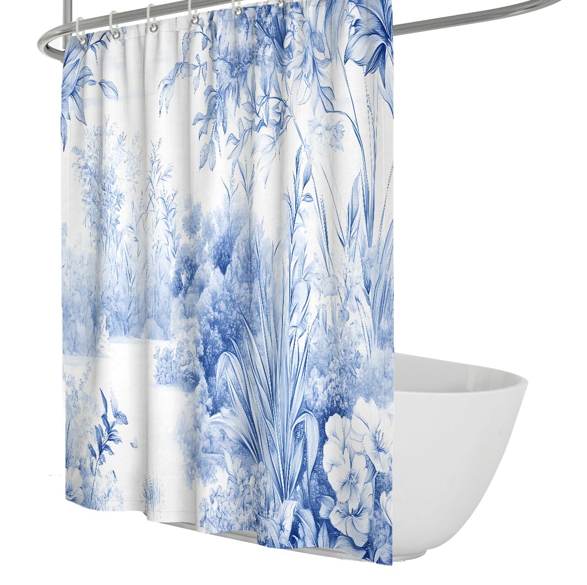 Rideau Douche Bleu Blanc Motif Floral Classique W180xL200 cm