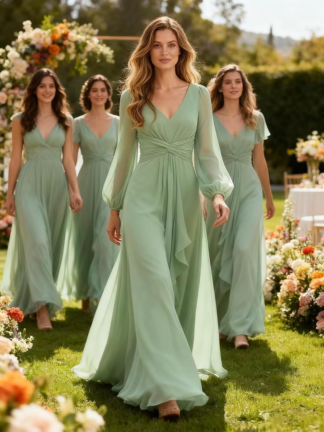 Long Sleeve Bridesmaid Dresses for Women Chiffon Pleated Wedding Guest Dress A Line V Neck Formal Evening Gown