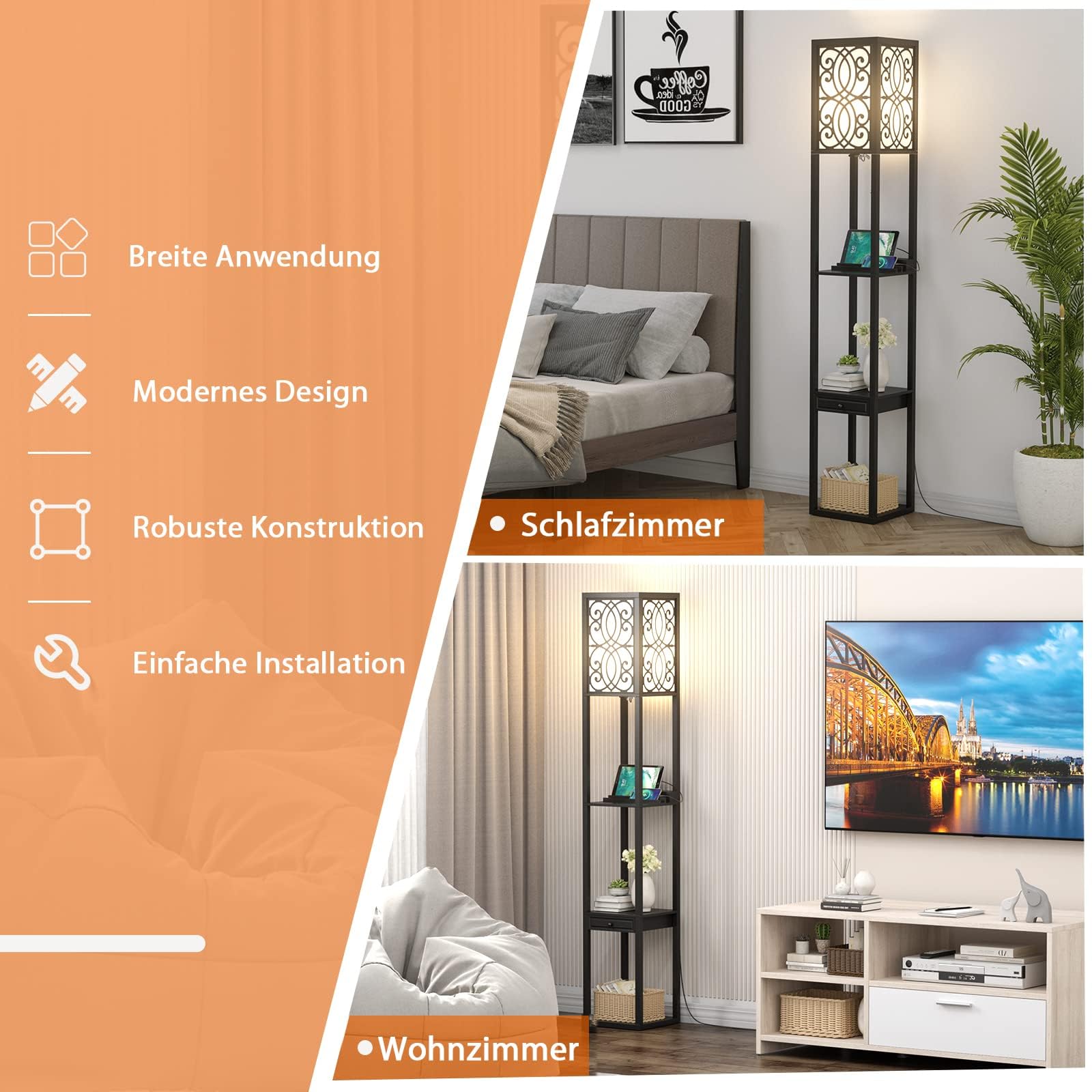 COSTWAY Stehlampe Wohnzimmer 160cm, E27, mit 2 USB Anschlüsseln, 3 Ebenen Stehleuchte mit Schublade, Standleuchte Holz, Holzregal Innenbeleuchtung für Wohnzimmer & Schlafzimmer