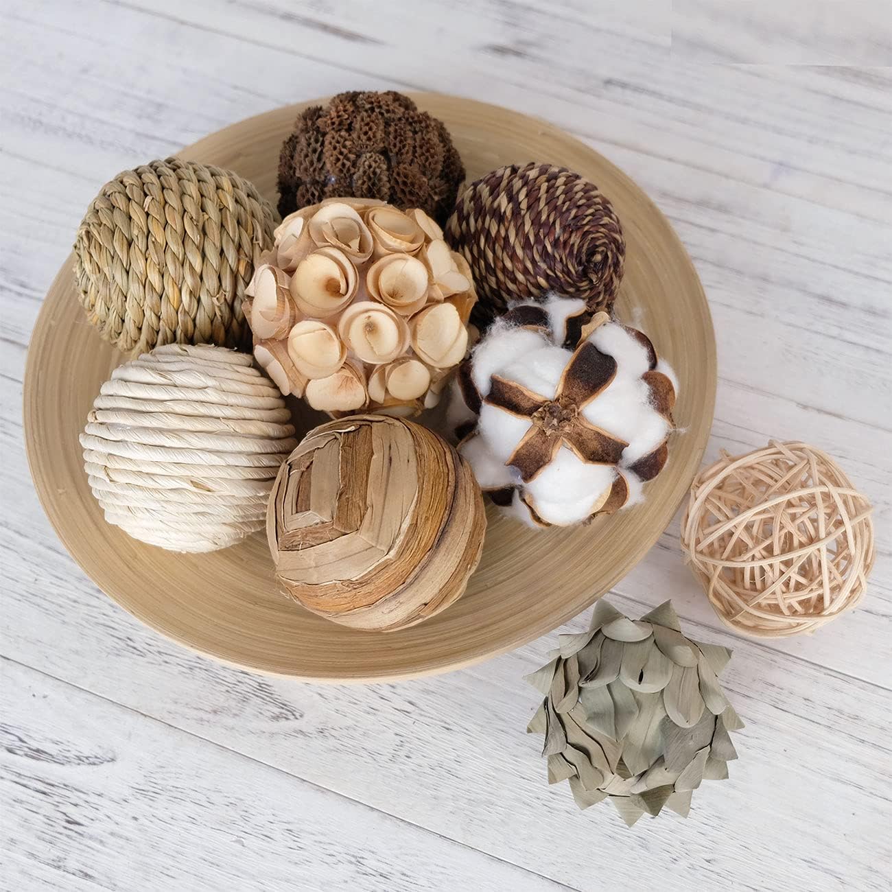 CIR OASES Decorative Balls Spherical Assorted 9pcs Brown White Orbs Rustic Natural Twig Rattan Woven Cotton Balls for Vase Bowl Filler Tabletop Decor Home Party Wedding Display : Everything Else
