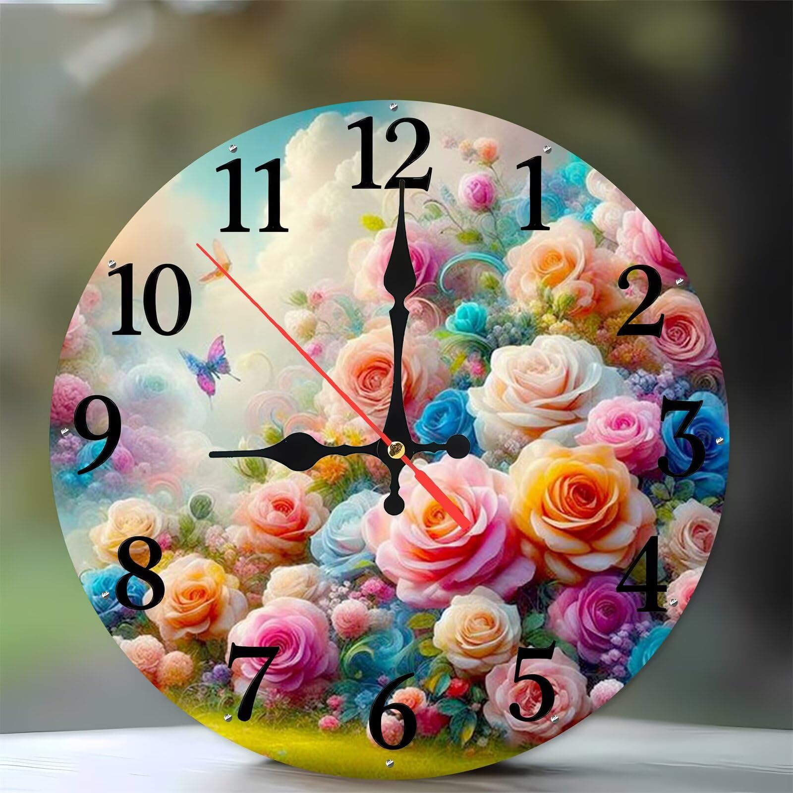 Horloge murale de 35 cm en bois motif roses et papillons pour salon