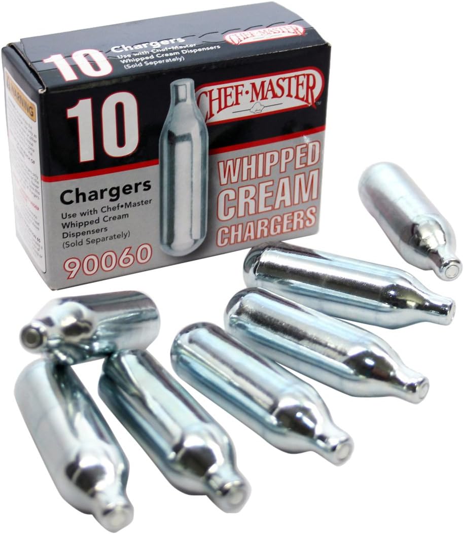 Chef Master Whipped Cream Chargers 10-Pack - 8g N2O Nitrous Oxide Stainless Steel Food-Safe Cartridges for Dispensers