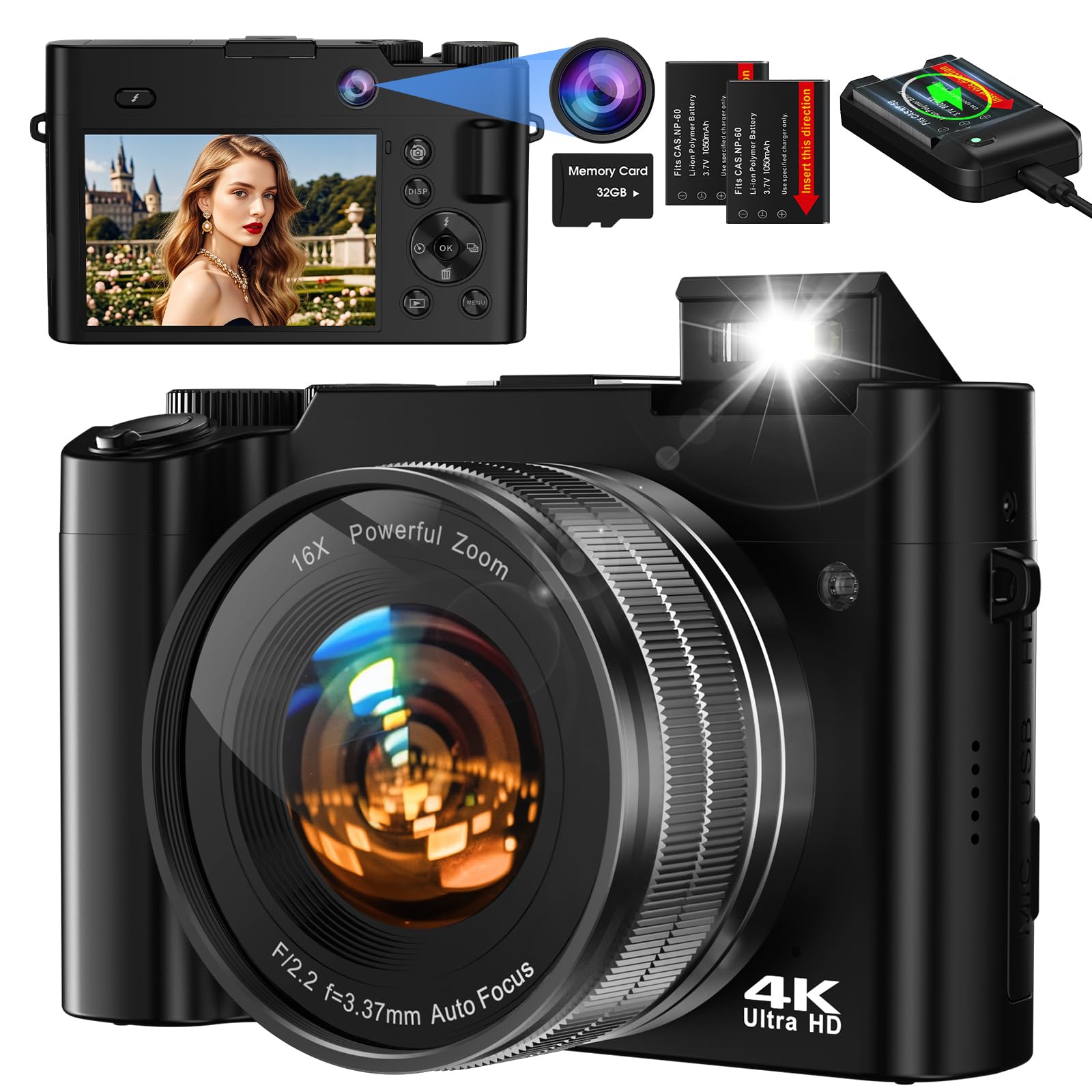 Fotocamera e digitale Bofypoo 64 MP autofocus Vlogging con doppia telecamera 4K, zoom digitale 16X, scheda memoria 32G
