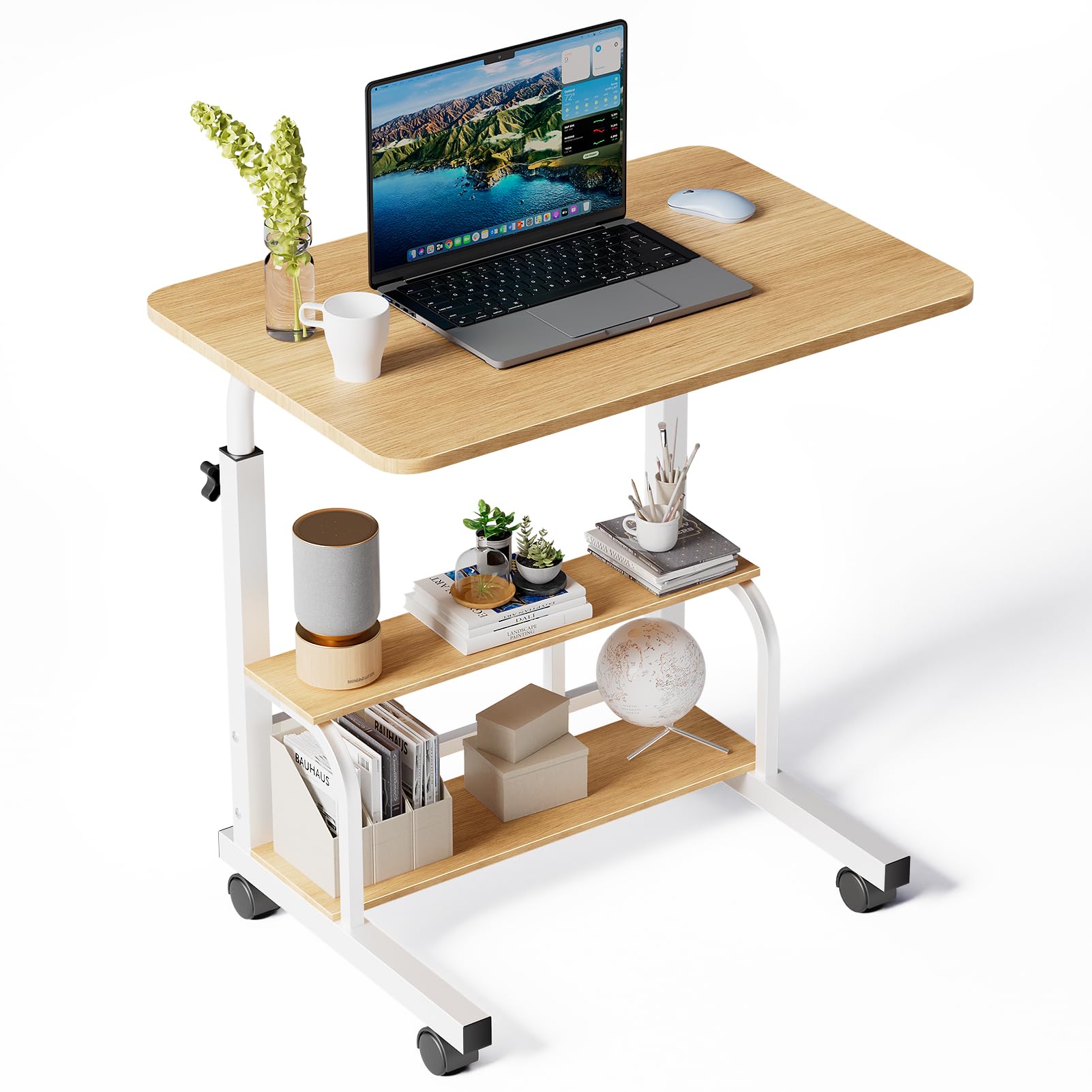 Warmiehomy Mobile Computer Desk with Storage Shelves, Height Adjustable Desk 60cmX40cmX89cm, Laptop Table on Wheels, Rolling Overbed Table for Home Office, Walnut