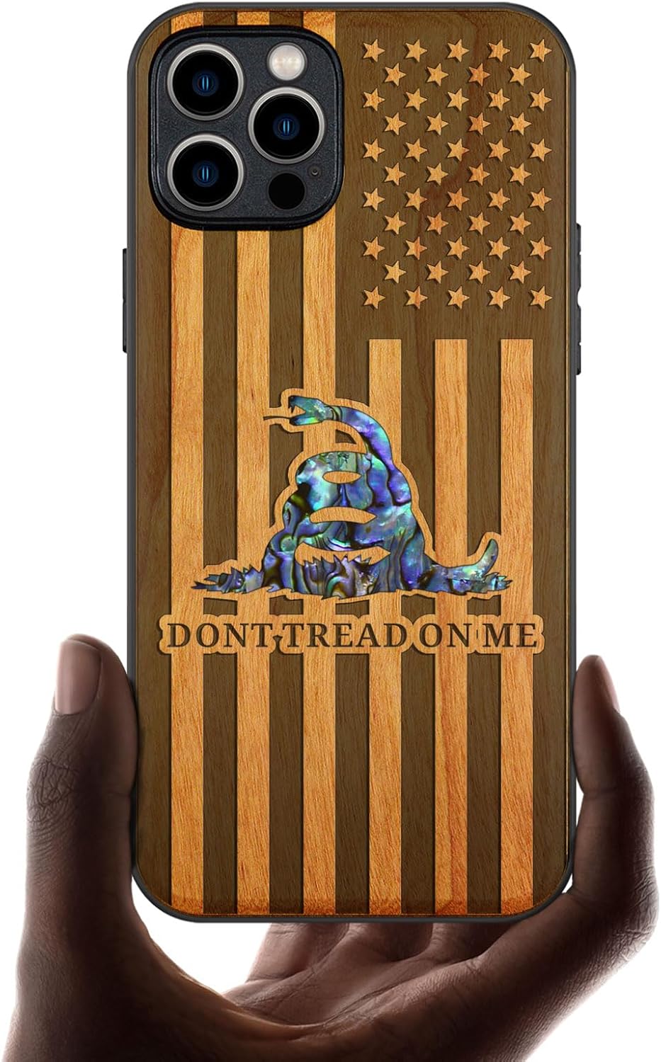 Carveit Designer Wooden Protective Case for iPhone 12 Pro Max Magnetic Cover [Wood Engraving & Shell Inlay] Compatible with 12 Pro Max MagSafe (Gadsden Flag-Cherry)