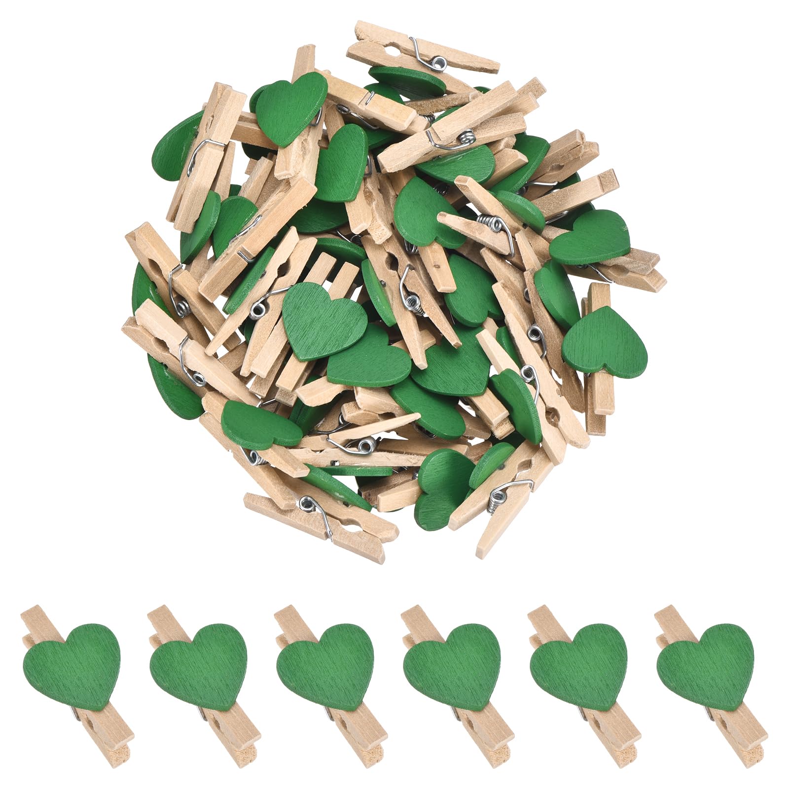 sourcing map 100Pcs Mini Heart Photo Clips, 3cm Wooden Clothespins for Pictures Small Clothes Pins for Hanging Memo Card DIY Crafts Paper Photo Postcard Wedding Display, Green