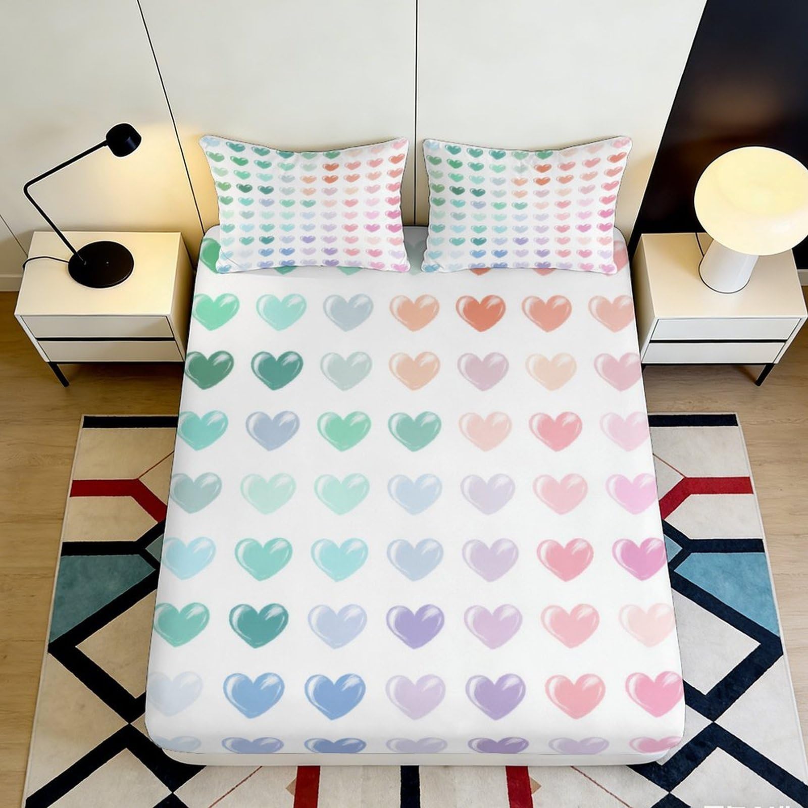 Pnayamiorkfel Style-3 3D Printed Pastel Hearts Fitted Sheet Microfiber Soft Breathable Rainbow Love Bed Cover For Bedroom Dorm Mattress Protection Decor 90X200x25cm