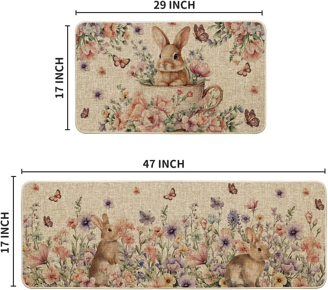 Artoid Mode Rabbit Bunny Butterfly Flowers Cup Eggs Easter Kitchen Mats Set of 2, Spring Home Decor Kitchen Rugs for Floor - 17x29 and 17x47 Inch