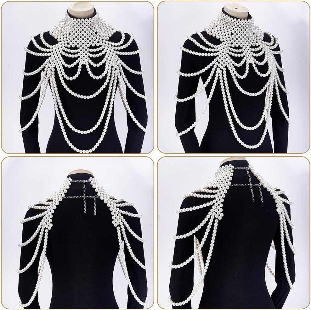AHANDMAKER 1PC Pearl Body Chain Adjustable Shoulder Necklace White Bra Jewelry Plastic Beaded Chain for Women Party Wedding Backless Dress Costume Decoration 13.86-16.02 Inch