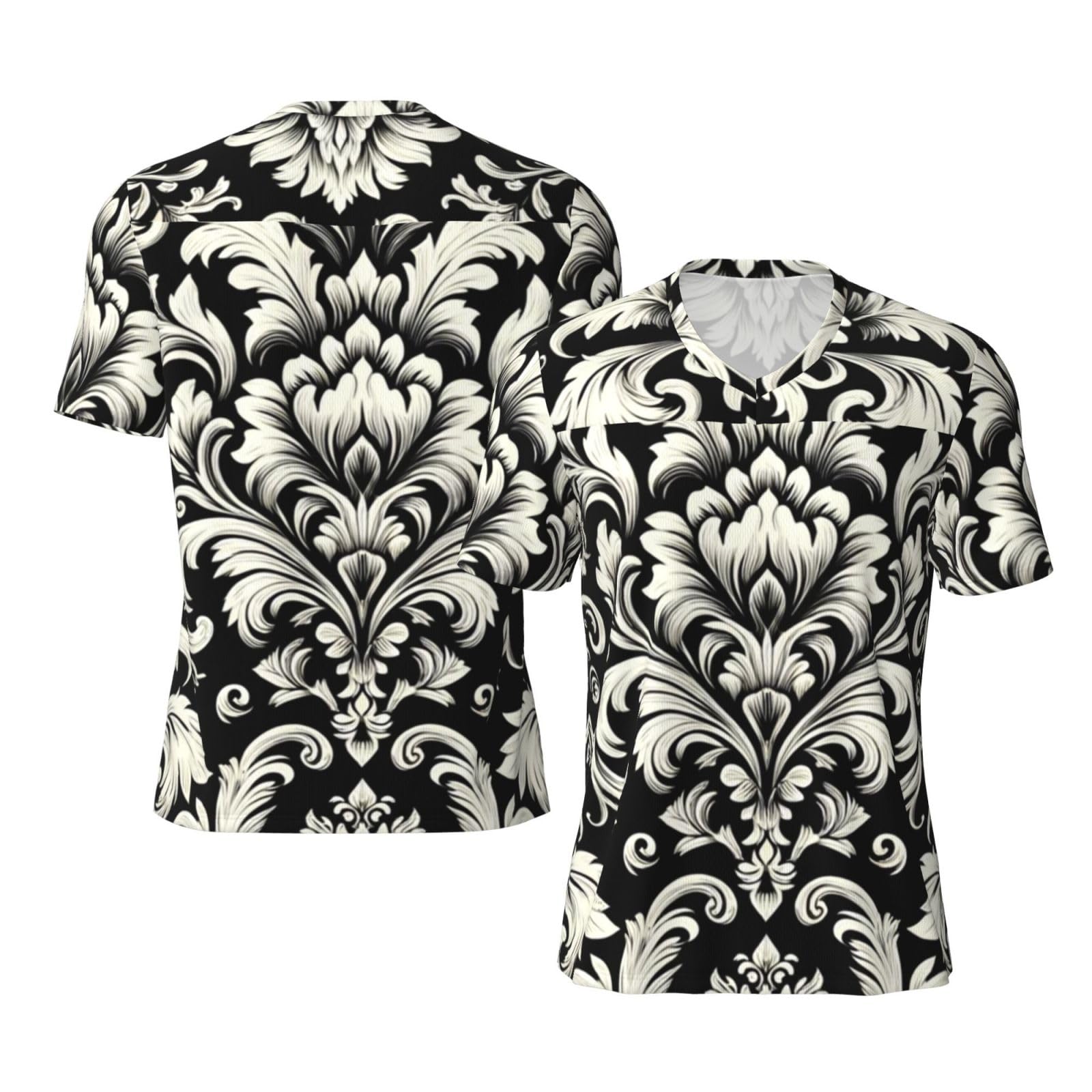 Stylish Athletic Sports Jersey Damask-Black-White-Pattern Men's Rugby Jersey X-Large