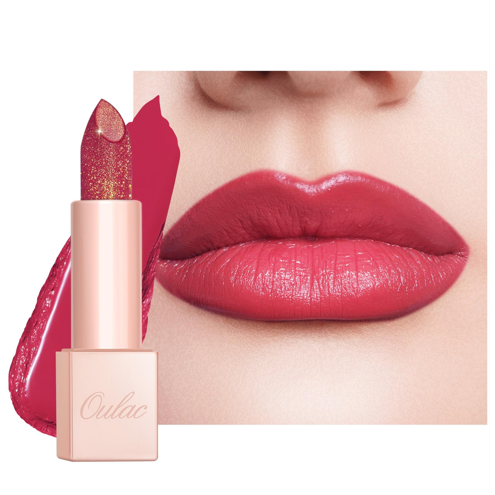 Oulac Moisture Shimmer Lipstick, Red Tinted Lip Balm, Long Lasting Nourishing Lip Crayon, Smooth Lips, Sheer Coverage