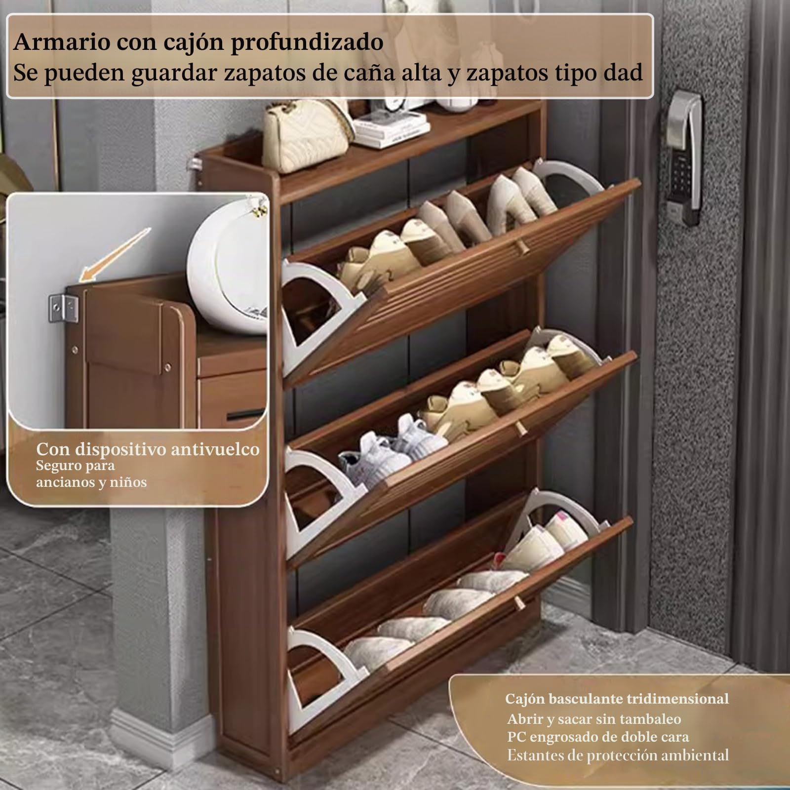Armario Zapatero Estrecho De Bambú, Mueble Zapatero con 2/3 Puertas Abatibles, Zapateros Estrechos Y Altos para Pasillo De Casa, Dormitorio Y Recibidor, Ancho 17cm
