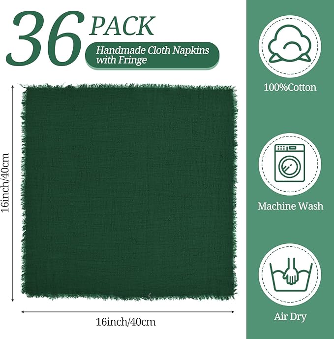 36 Servilletas Verdes Oscuras 40x40 cm - Algodón con Flecos - Reutilizables miniatura 3