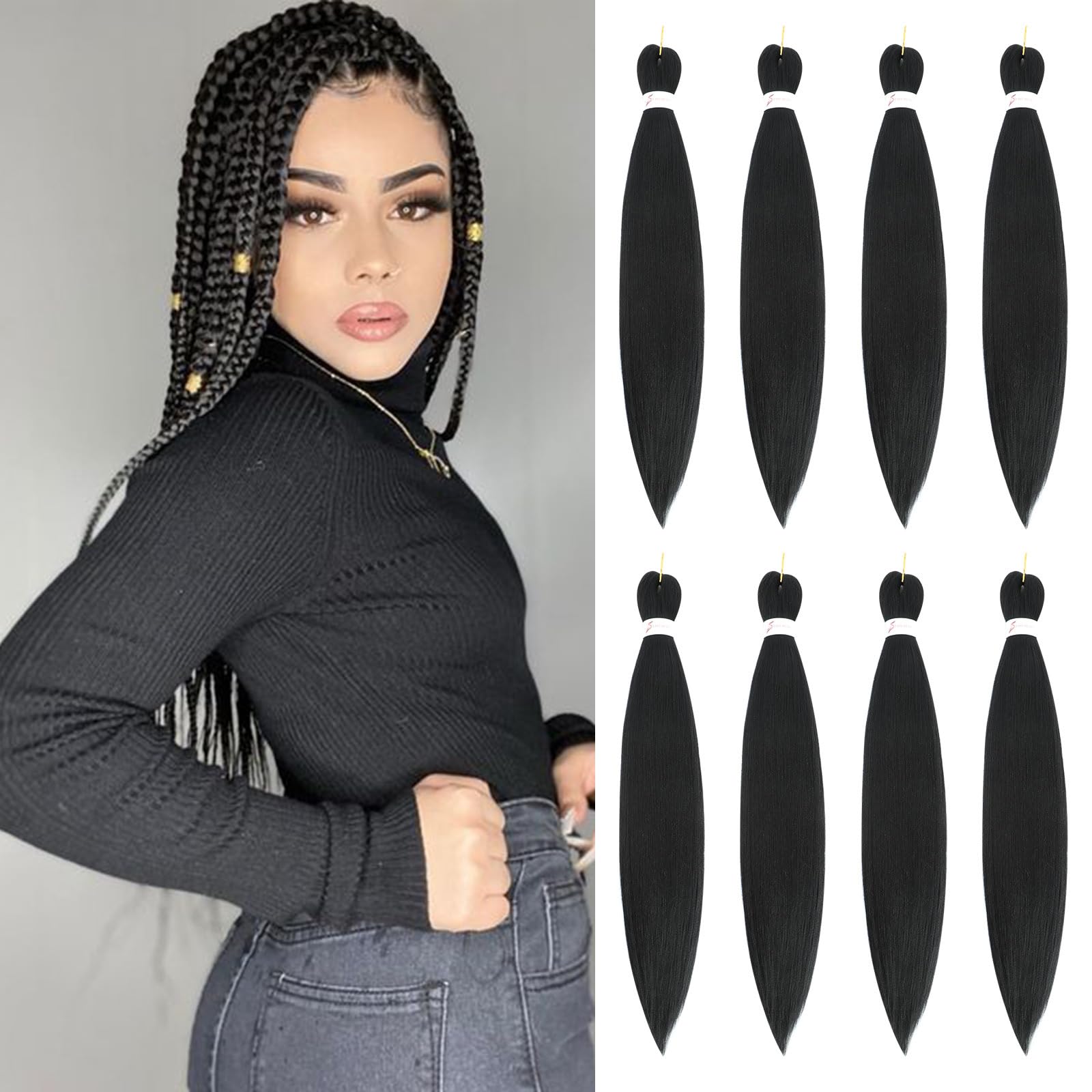 Pre Stretched Braiding Hair 24 Inch 8 Packs Long Braiding Hair Extension For Twist Or Box Braids Black Crochet Braids Hair Extensions Hot Water Setting Soft Yaki Texture(24Inch,1B)
