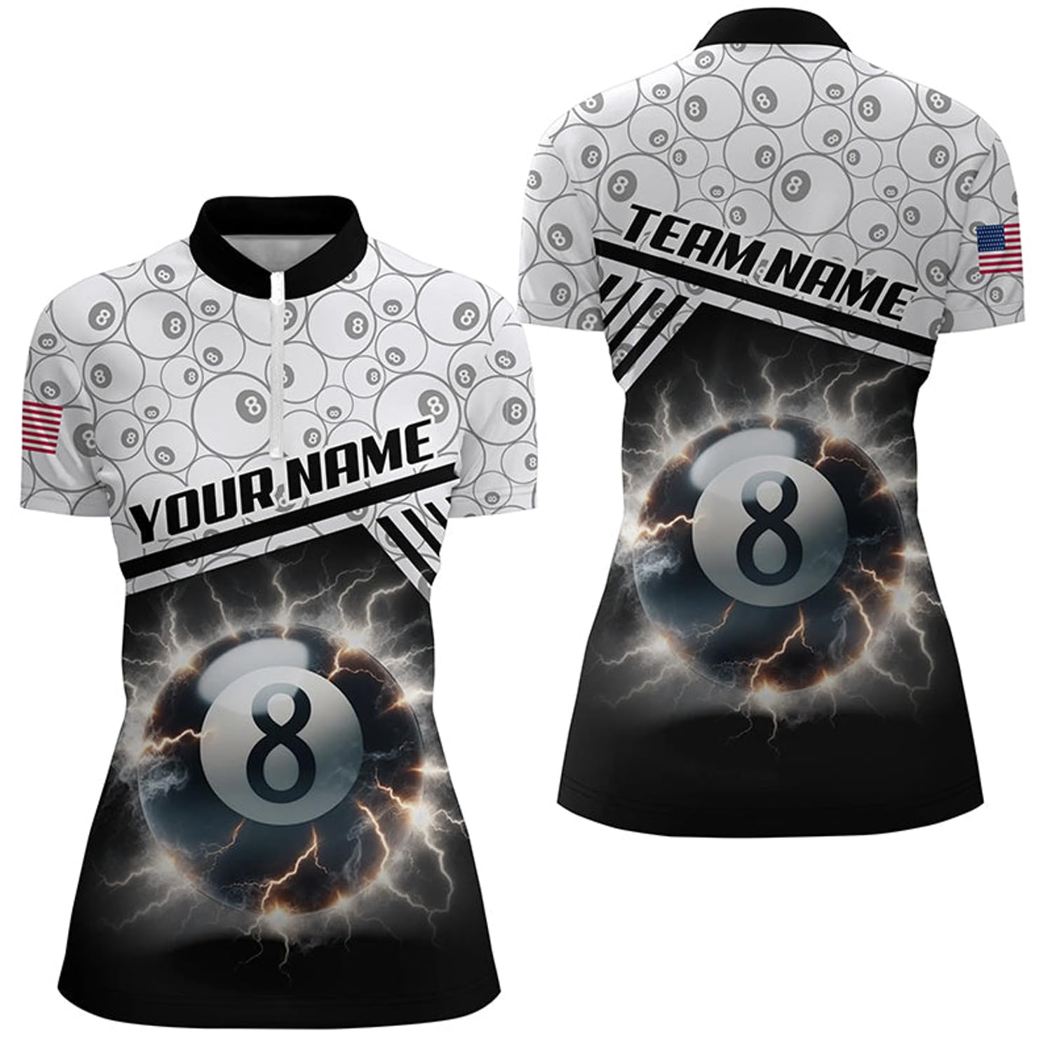 Personalized Thunder Lighting 8 Ball Billiard 3D Quarter Zip Shirts for Women 8 Ball Pool Jerseys V1011 Black, Purple