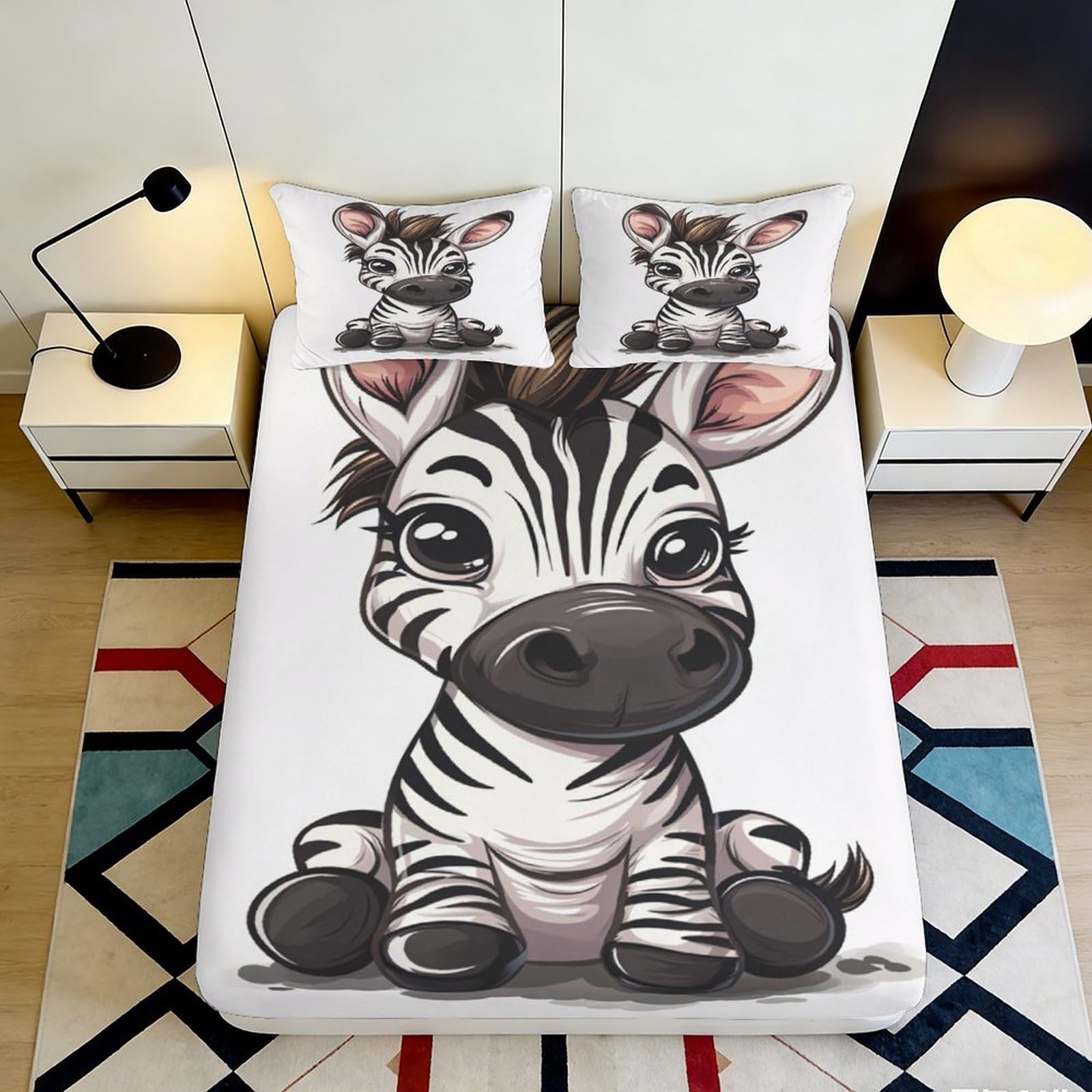 3D Printed Cute Zebra Fitted Sheet Microfiber Soft Breathable Cartoon Animal Mattress Cover for Bedroom Dorm Mattress Protection Decor 200x200x25cm