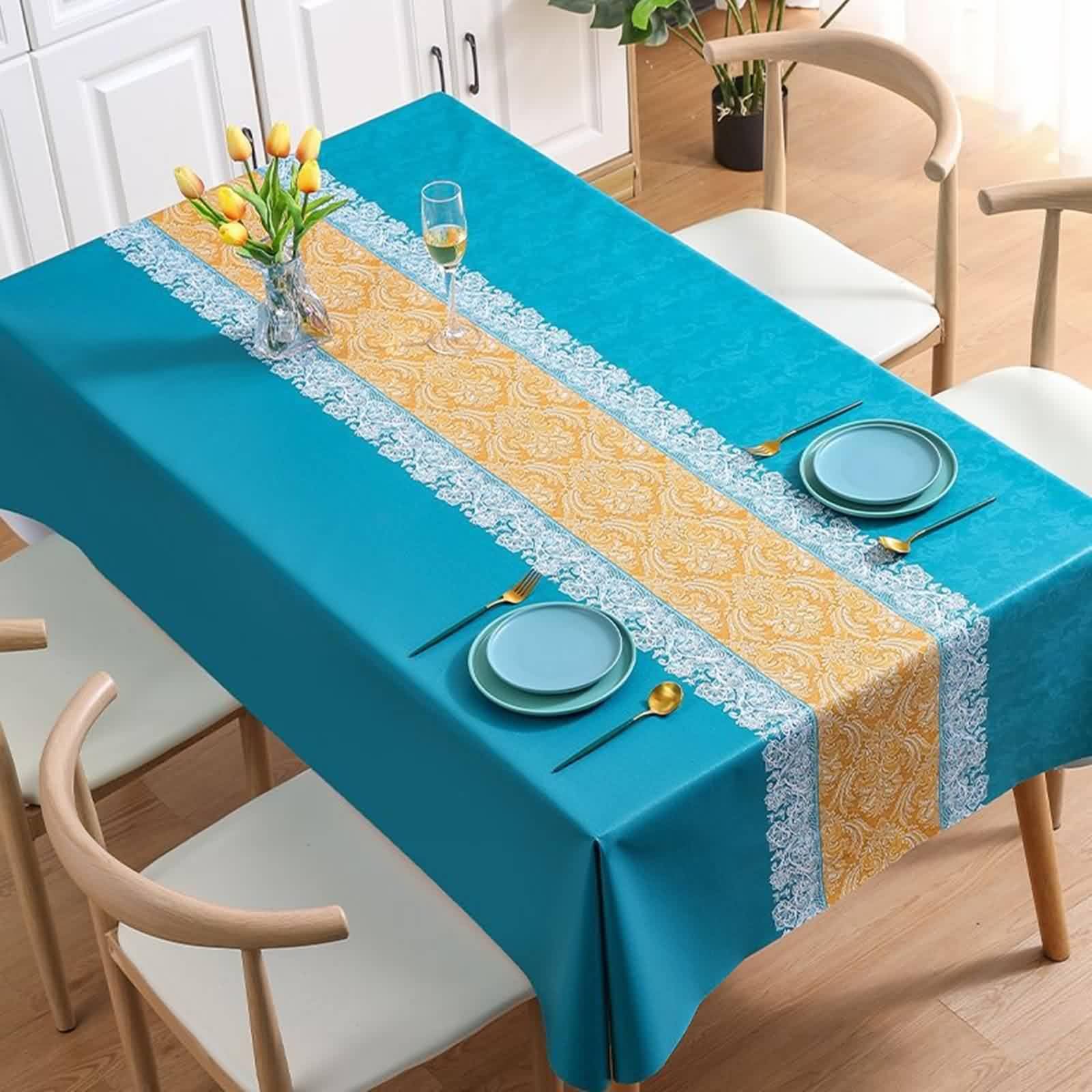 Nappe rectangulaire en PVC bleu anti-tache pour table de salon propre