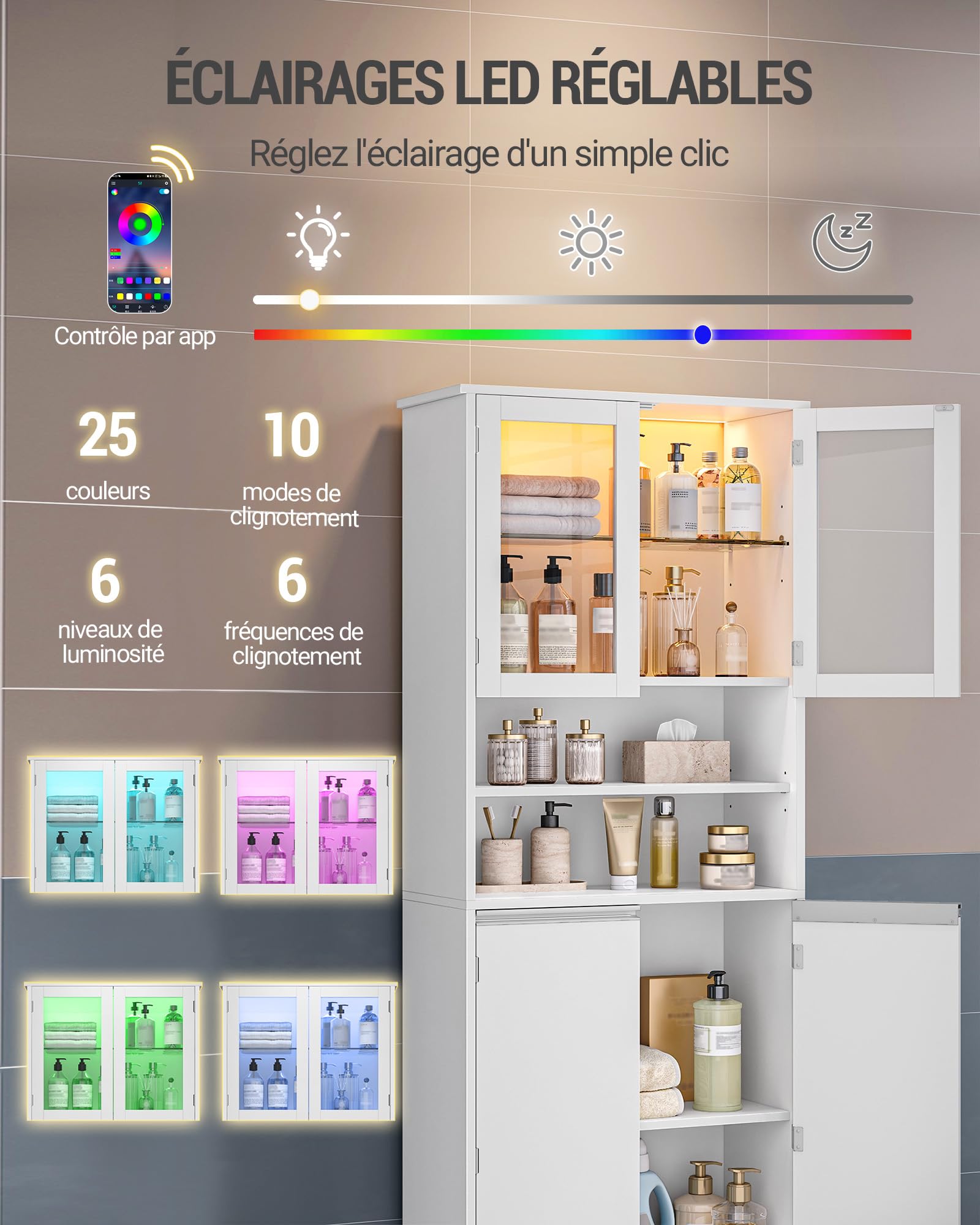 Hzuaneri Meuble Salle de Bain,Meuble de Rangement Haute avec Éclairage LED | Armoire sur Pied avec 4 Portes et Étagère Réglable, Moderne, pour Salle de Bain, Salon, 28 x 60 x 170 cm Blanc SC40003XEU