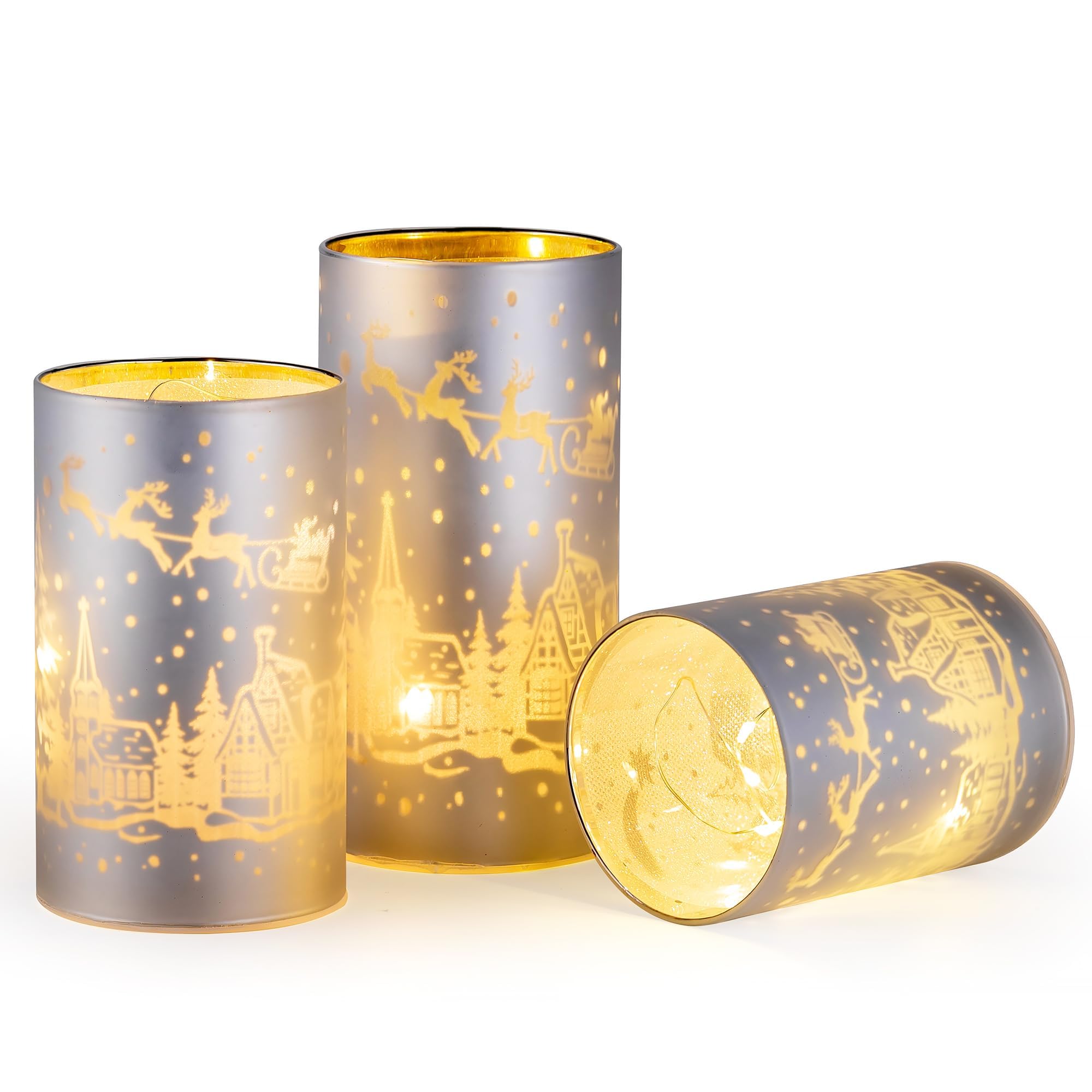 Romadedi Portavelas para decoración navideña: vela sin llama, diseño de reno plateado con luz LED para centro de mesa, ventana, velas de Navidad, funciona con pilas, para decoración de comedor