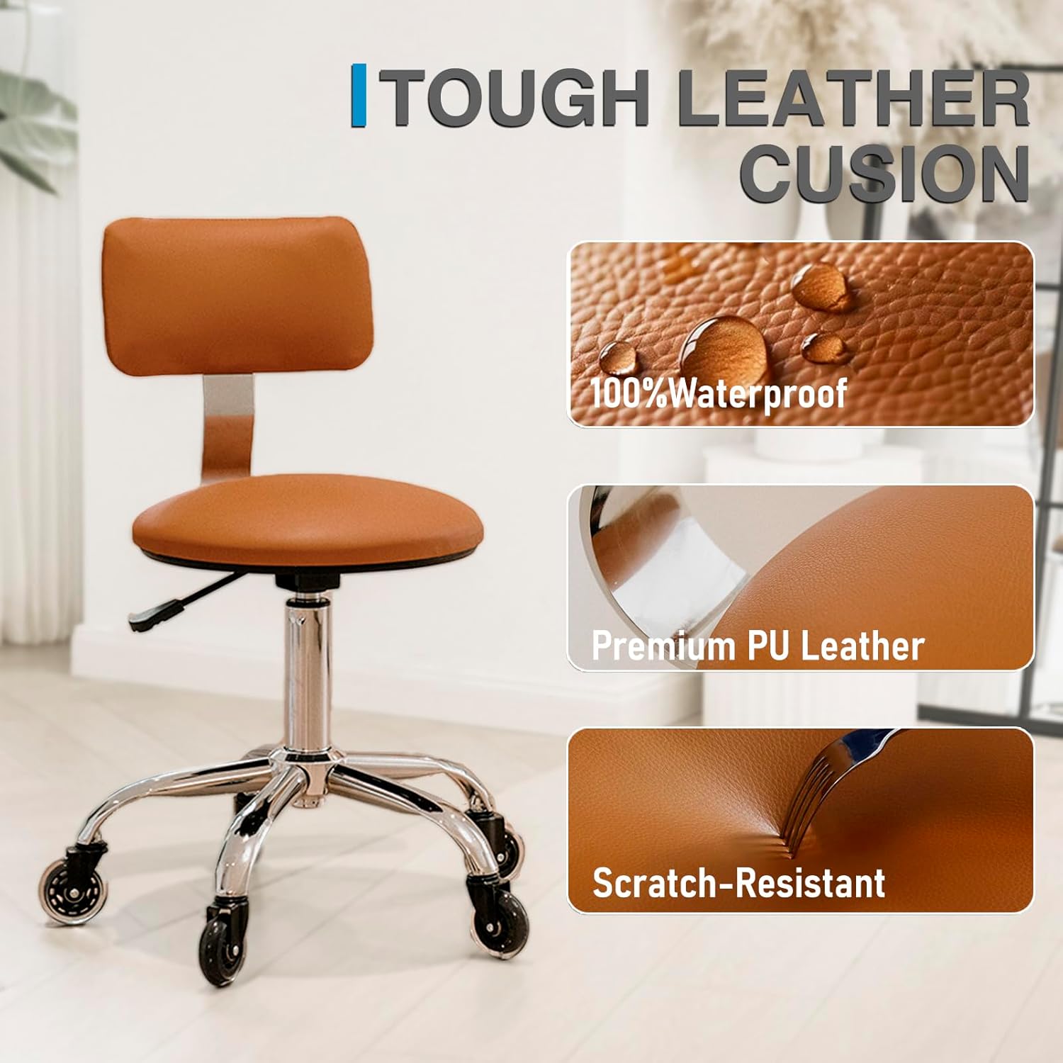 Rolling Stool Chair with Wheels, Office Drafting Chair with Back Support, Height Adjustable Standing Desk Stool with PU Leather Cushion for Home Office Kitchen Vanity Spa Garage Tattoo Dentist(Camel) - Image 7