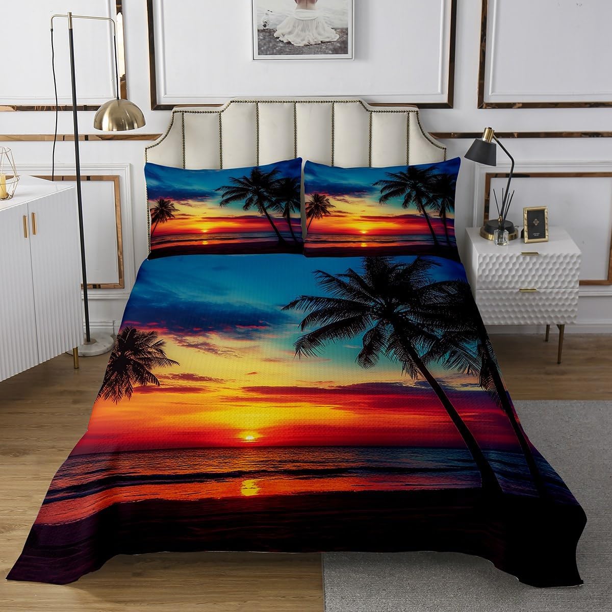 Erosebridal Palm Leaf Bedspread King Size, Ocean Beach Bedding Set, Nature Theme Coverlet Set, Sunset Quilted Coverlet for Bedroom Decorative, Hawaiian Bed Cover, Soft Bedding Collection