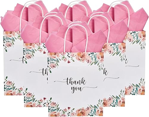 Miniatura 2 de Paquete de 50 bolsas de regalo de papel de agradecimiento blancas y florales de primavera medianas con asas de 10 x 8 x 4 pulgadas y papel de seda