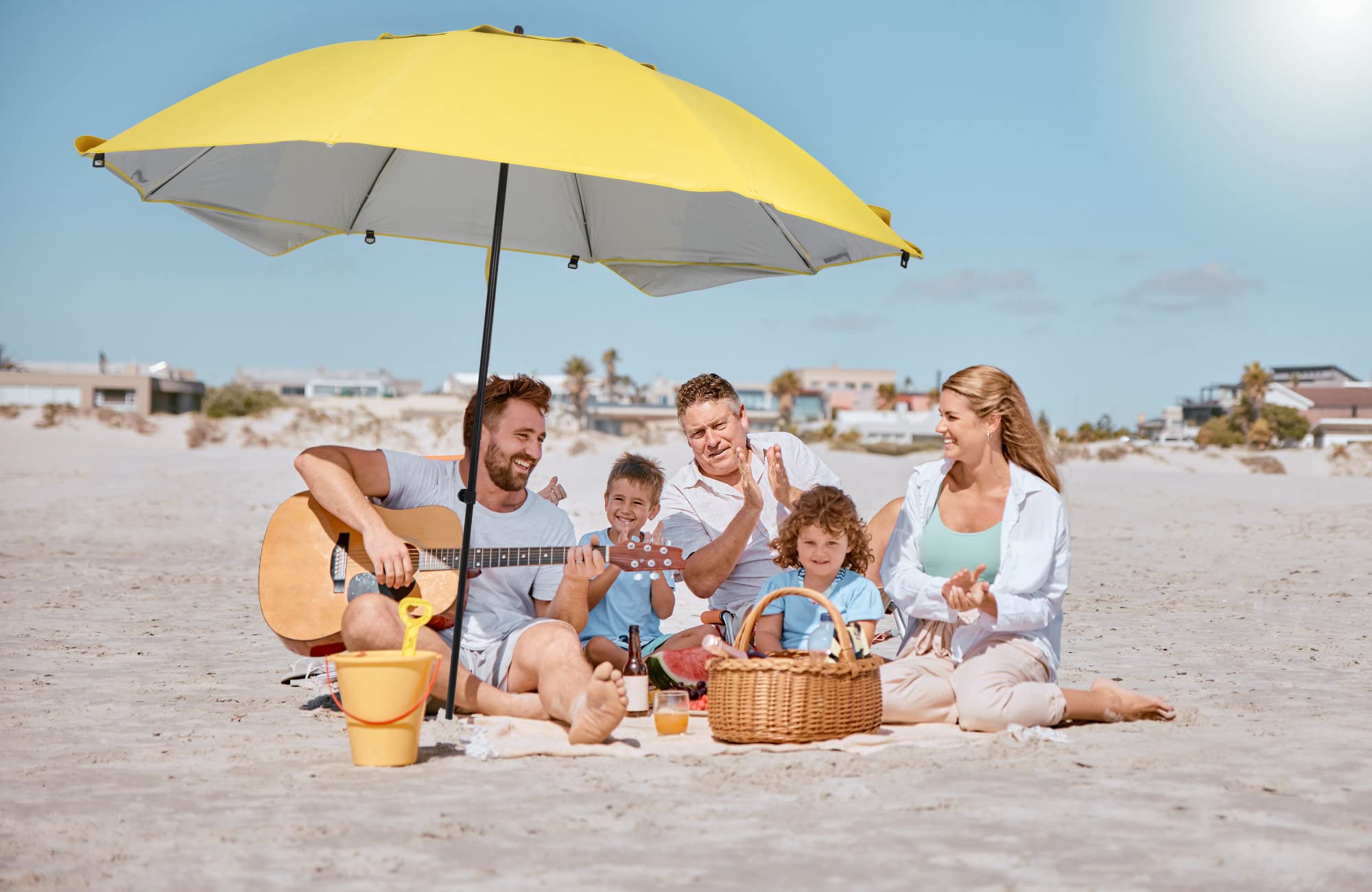 Stagecaptain UM-210 Ombrellone da spiaggia con picchetto, tessuto idrorepellente e protezione UV, finestra in rete per migliore circolazione dell'aria.