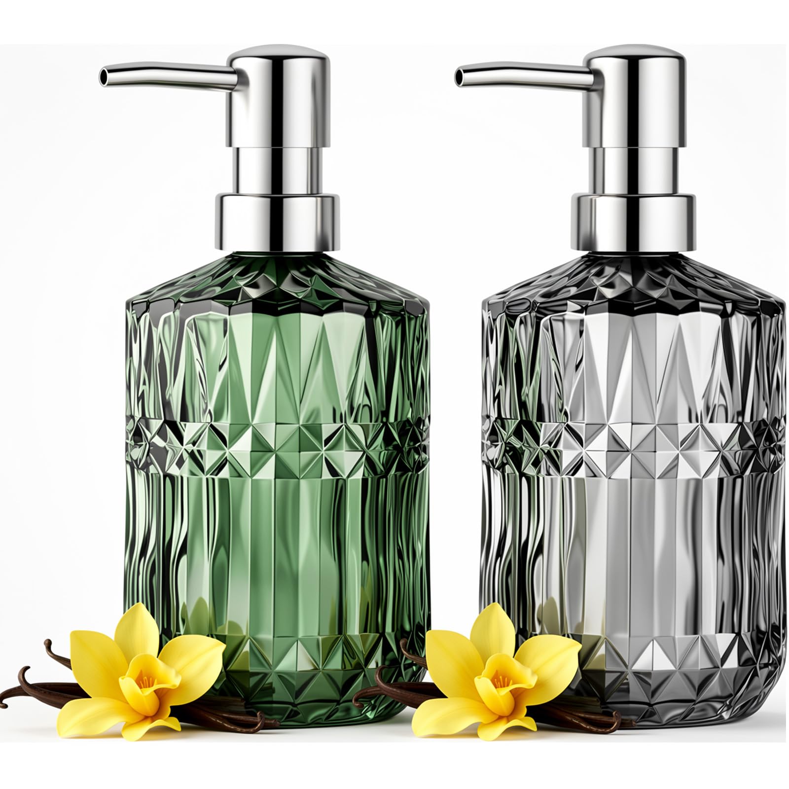 2 Piezas 450ml Dispensador Jabon Baño Jabonera Baño Dosificador Cristal, Lavavajillas Doseador Sabonete Liquido para Champú, Gel De Ducha, Cocina y Baño