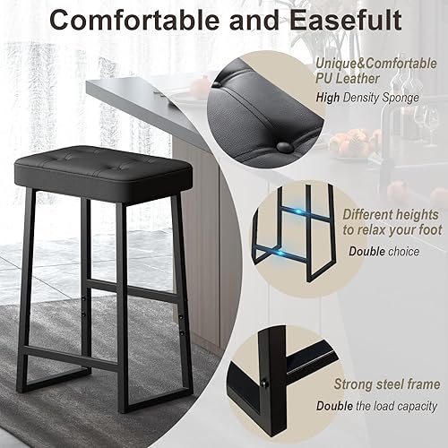 Miniatura 4 de Taburete de bar, taburetes de bar de altura de mostrador, sillas modernas de isla de cocina, cuero sintético con costuras, 26 pulgadas de alto, para