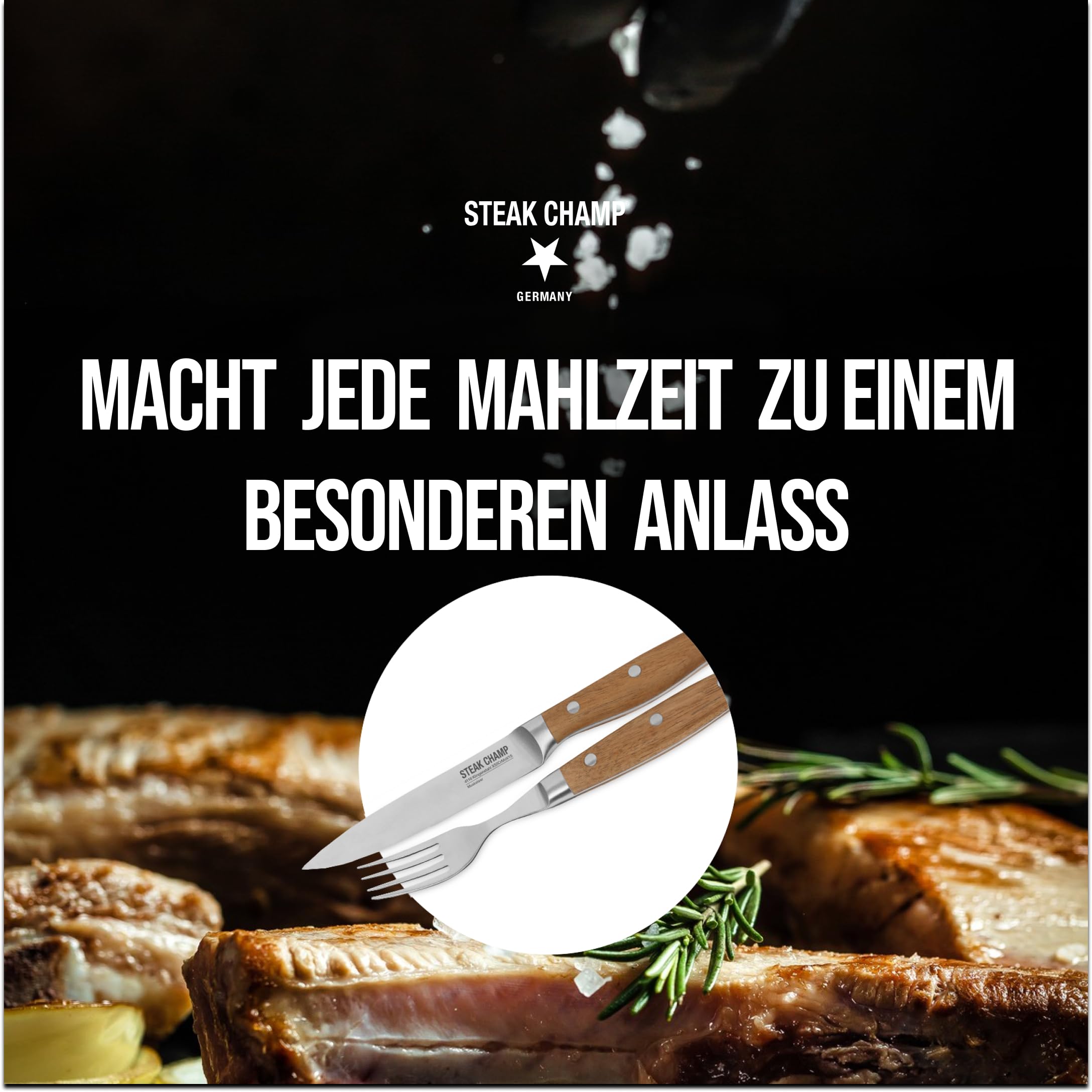 Steakchamp Fleischgabel und Steakmesser, 2 x 2 Stk.: Gabeln und Messer aus Klingenstahl, mit Mikrowellenschliff, Set 4-teilig, inkl. Holzkiste