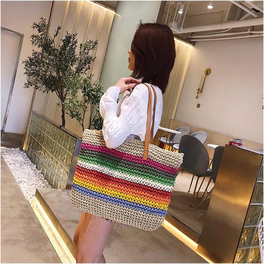 Women Summer Retro Straw Bag Hand-woven Colorful Large Boho Shoulder Bag Handle Beach Handbags with Leather Shoulder Strap