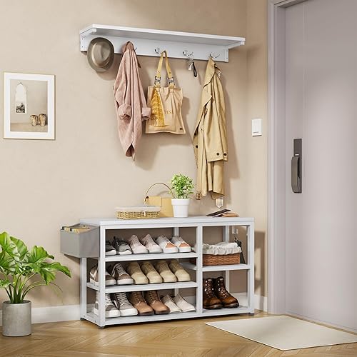 Miniatura 4 de Aiho Hall Tree con banco, juego de perchero 4 en 1, banco industrial para zapatos con 4 ganchos, 5 cubos de almacenamiento para zapatos, para
