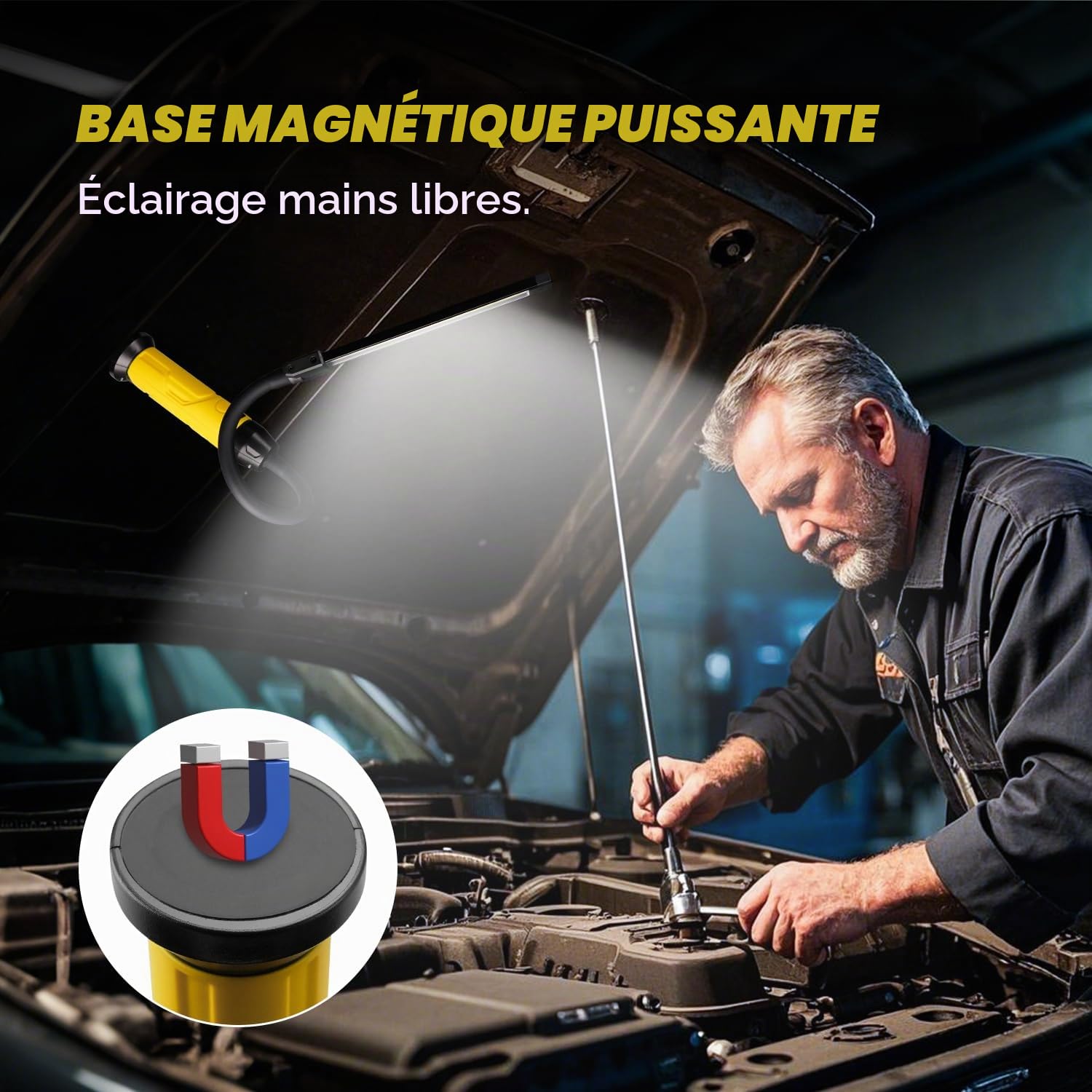Lampe de Travail LED Rechargeable, 1000 Lumens 3 Modes Baladeuse LED Lampe Atelier avec Base Magnétique, 360° Flexible Lampe de Poche pour Garage, Camping, d'urgence, etc